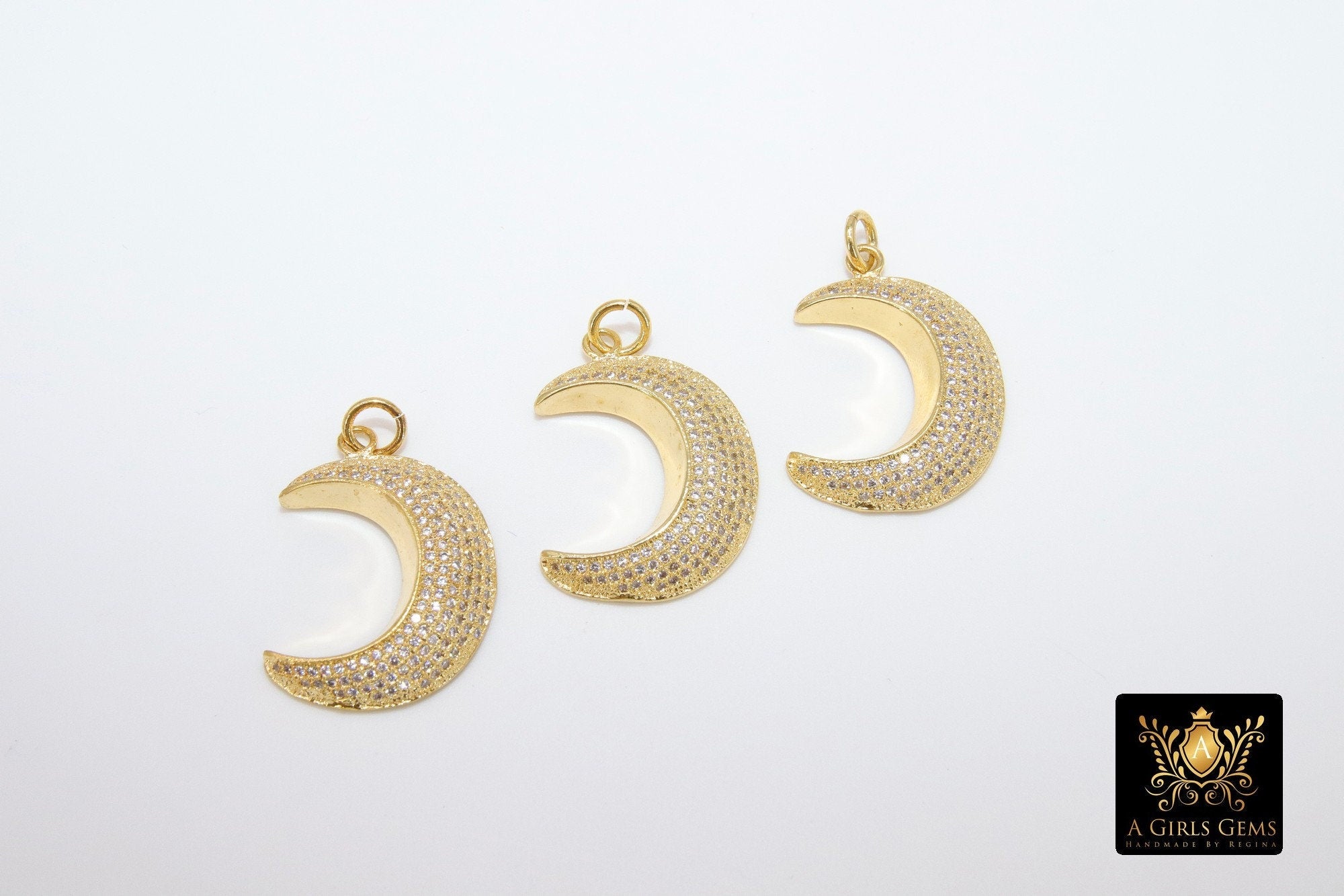 CZ Micro Pave Moon Charms, Gold Diamond Pave Cubic Zirconia Pendant, Black Half Moon Charm