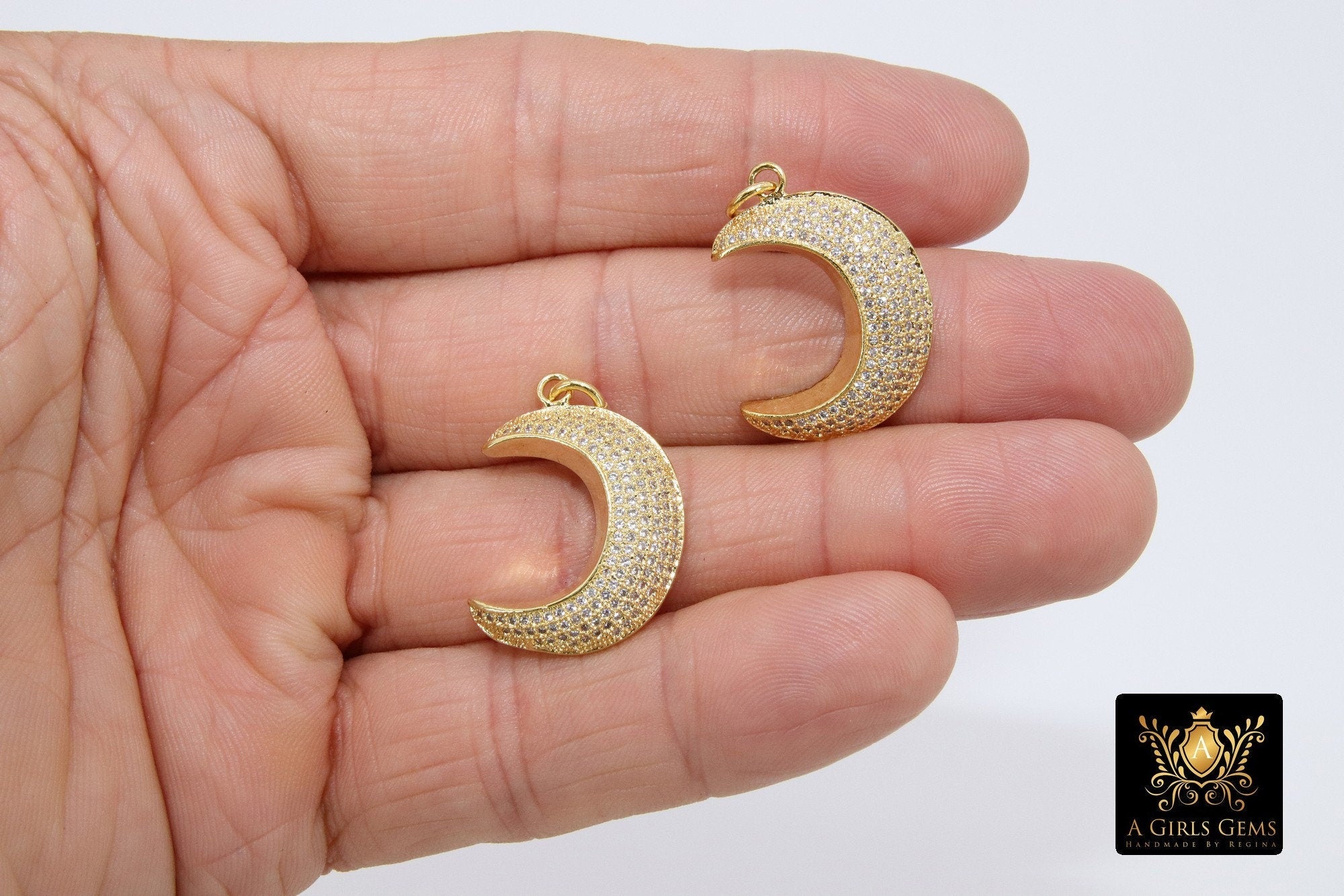 CZ Micro Pave Moon Charms, Gold Diamond Pave Cubic Zirconia Pendant, Black Half Moon Charm