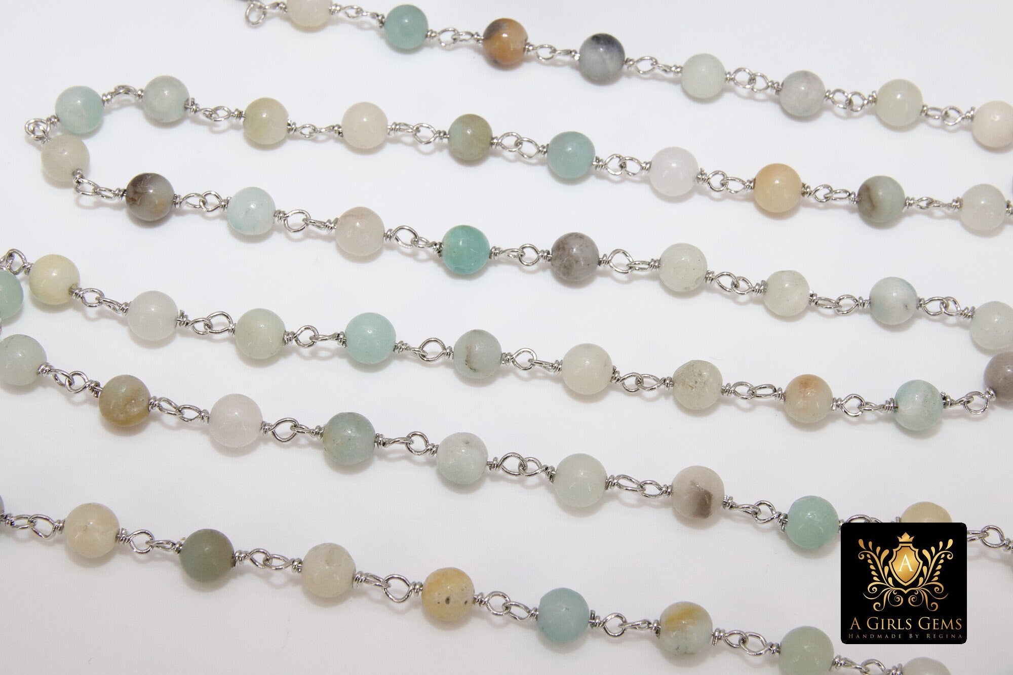 Amazonite Rosary Chain, 6 mm Silver Plated Beaded Chain CH #356, Wire Wrapped Chains