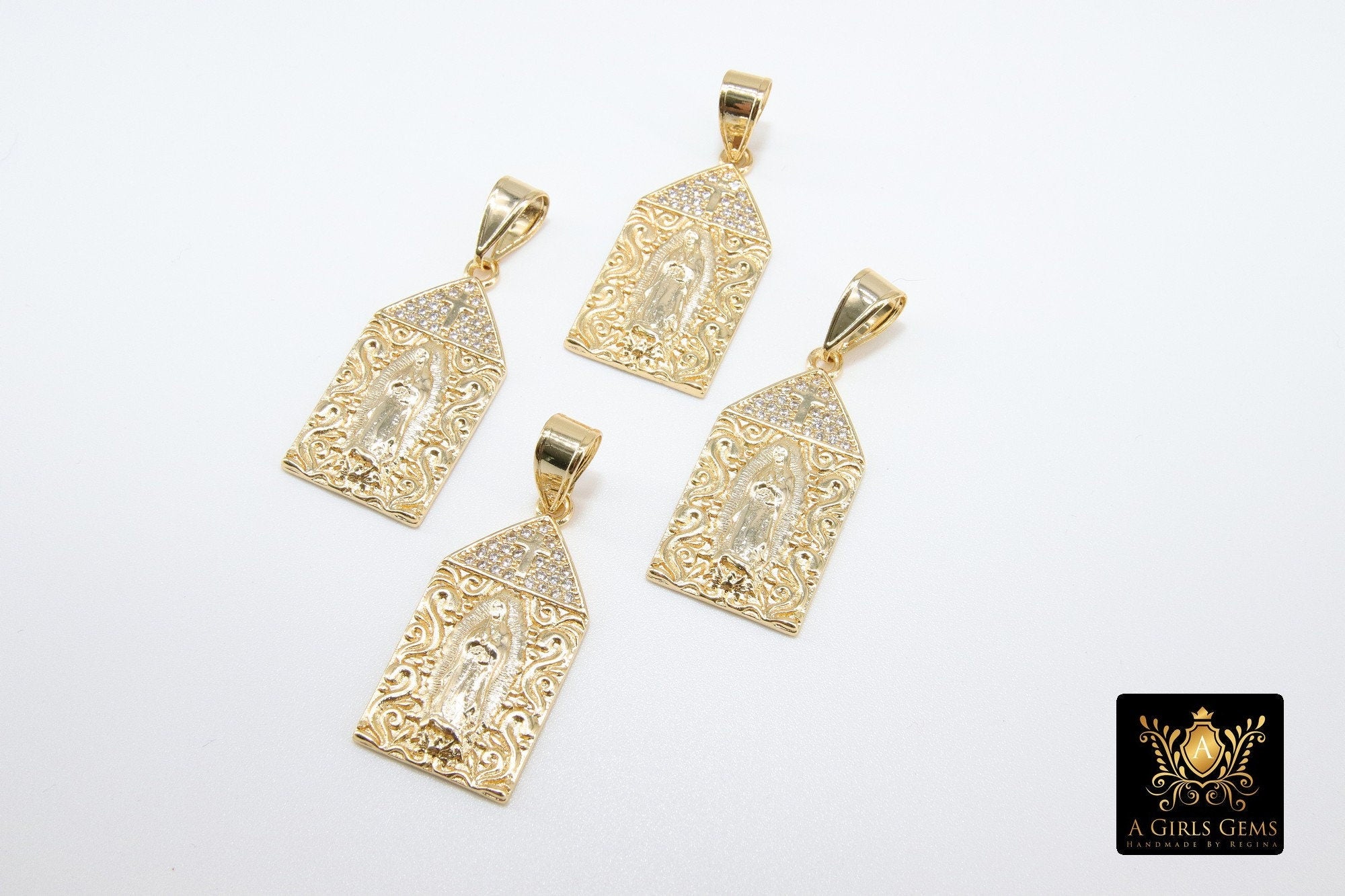 Gold Jesus Virgin Mary Charms, CZ Micro Pave Pendants, Matte Gold Cross Steeple #921