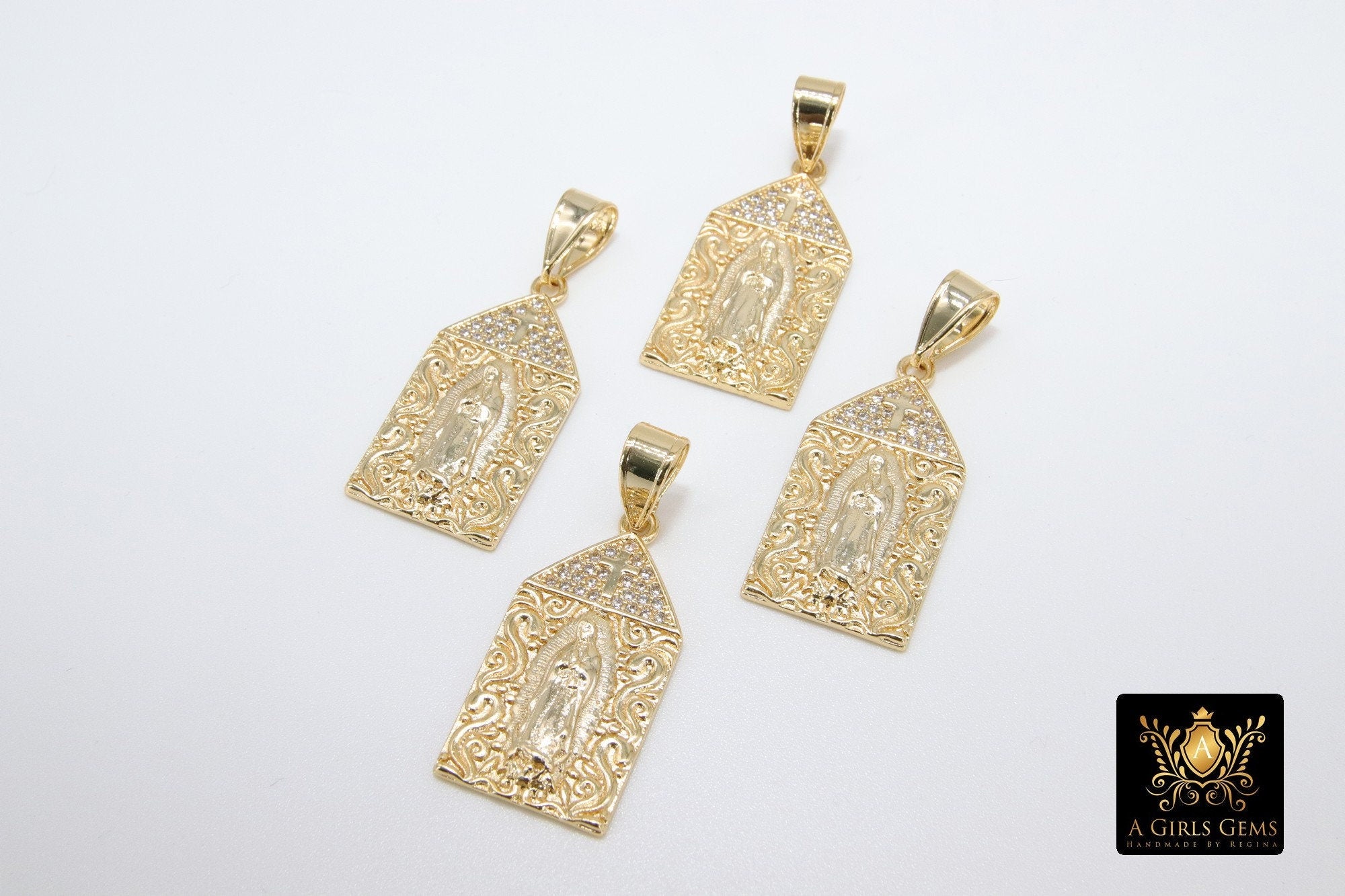 Gold Jesus Virgin Mary Charms, CZ Micro Pave Pendants, Matte Gold Cross Steeple #921