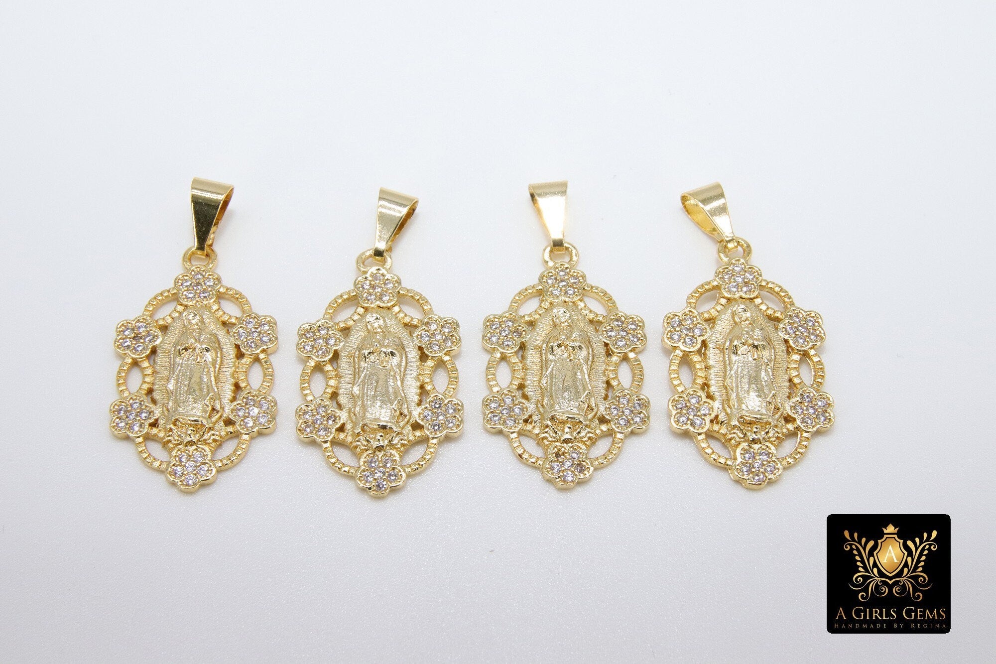 Gold Jesus Virgin Mary Charms, CZ Micro Pave Pendant #920, Gold Madonna Oval