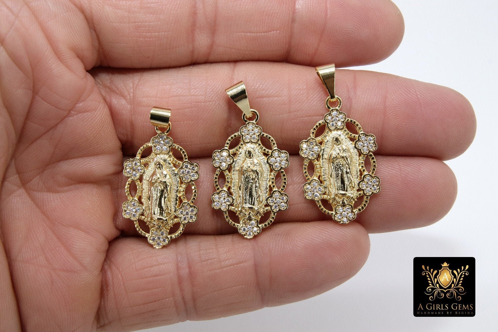 Gold Jesus Virgin Mary Charms, CZ Micro Pave Pendant #920, Gold Madonna Oval