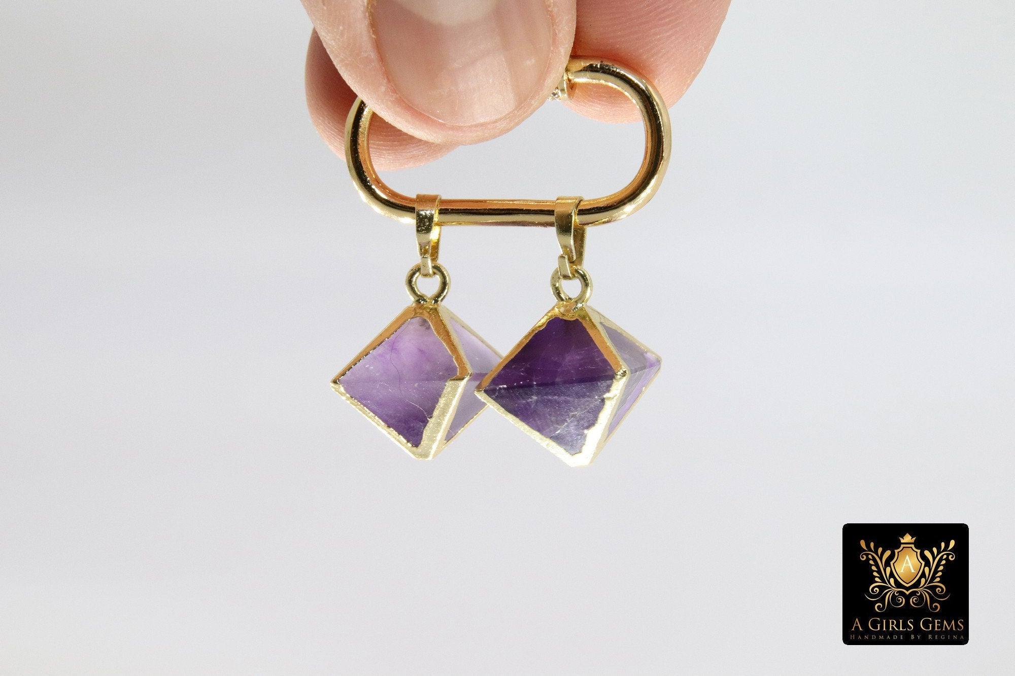 Natural Amethyst Diamond Charms, Gold Hexagon Shape Pendant #2096, Fluorite Quartz Gemstones