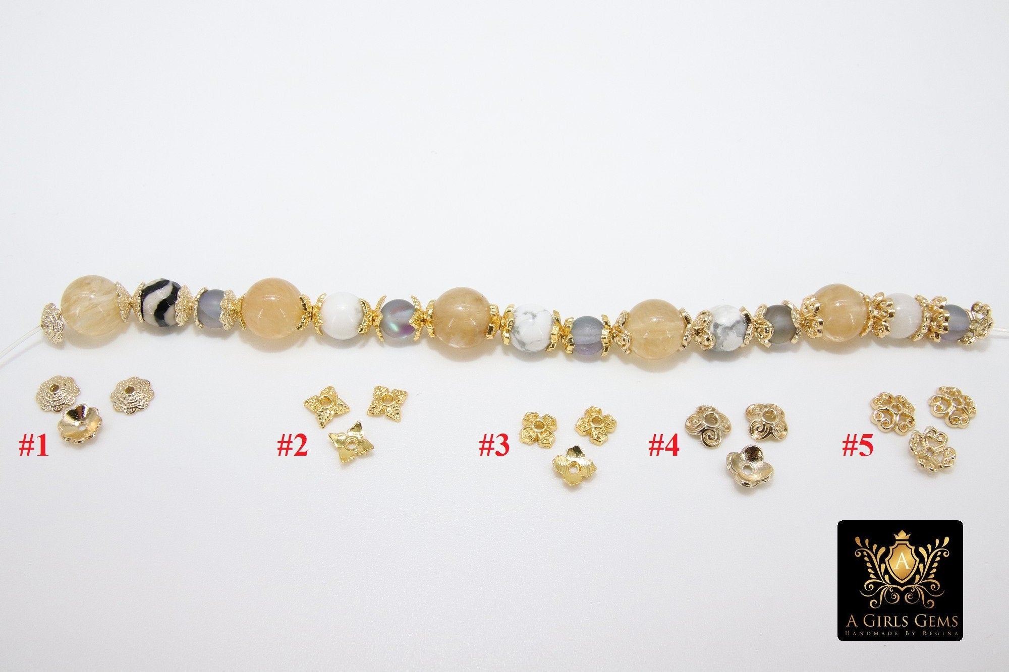 Gold Bead Caps, 6 mm Bead End Caps, 5 Different Round Cone Discs Styles