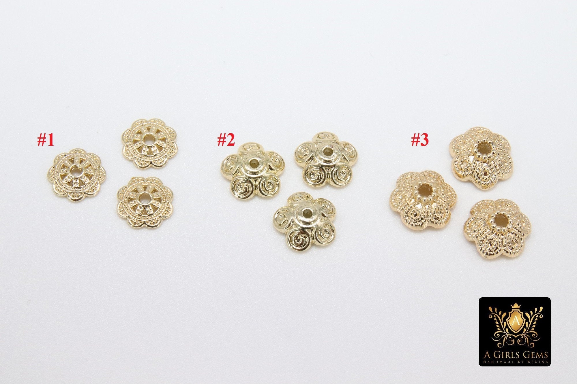 Gold Bead Caps, Bead End Caps AG #2411, 3 Different 10 mm Styles