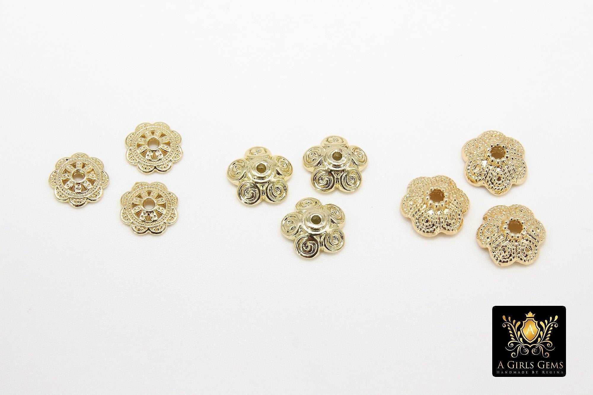 Gold Bead Caps, Bead End Caps AG #2411, 3 Different 10 mm Styles