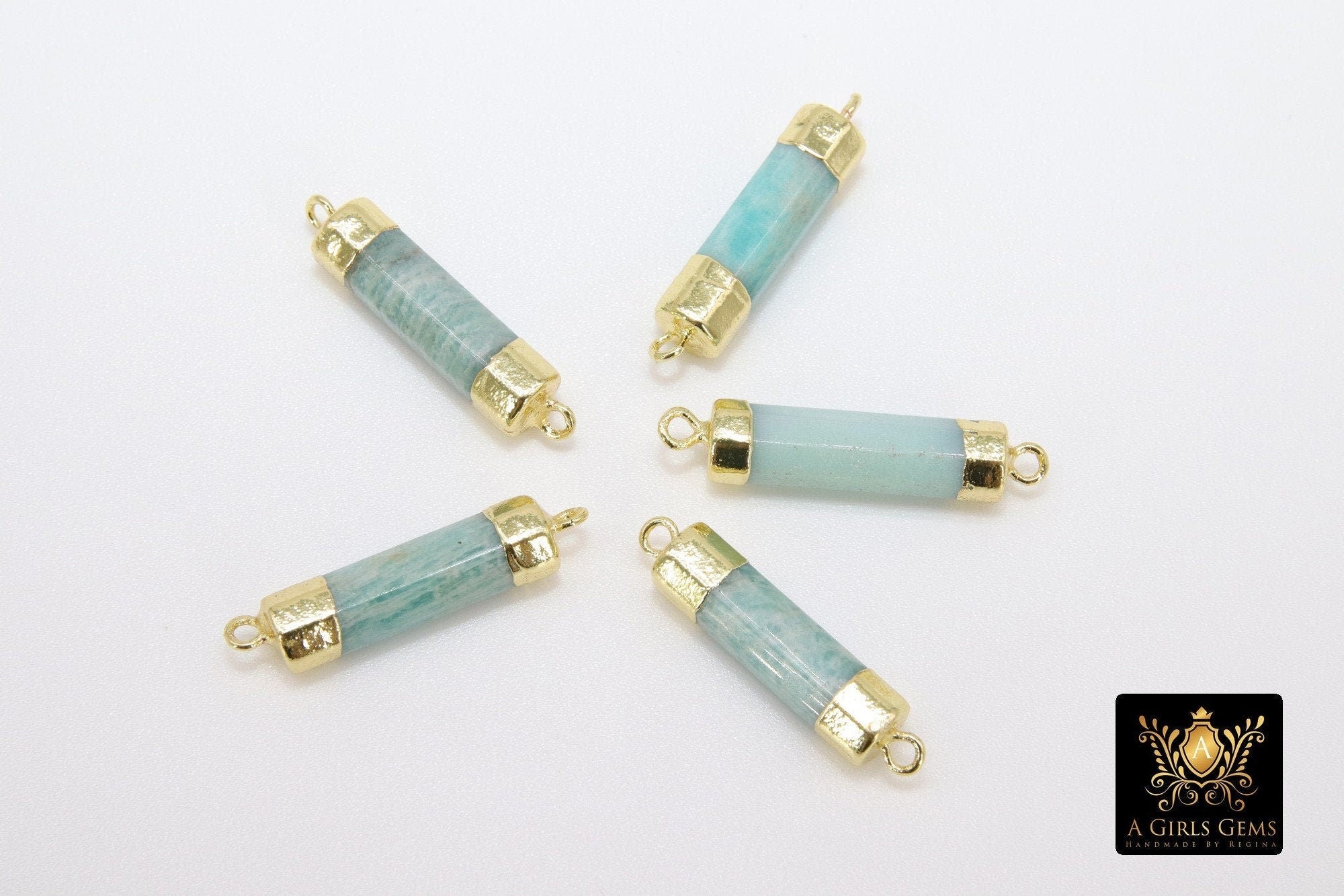 Amazonite Bar Connector, Genuine Gemstone Gold Bar Links #759, Aqua Blue Stone Pendants