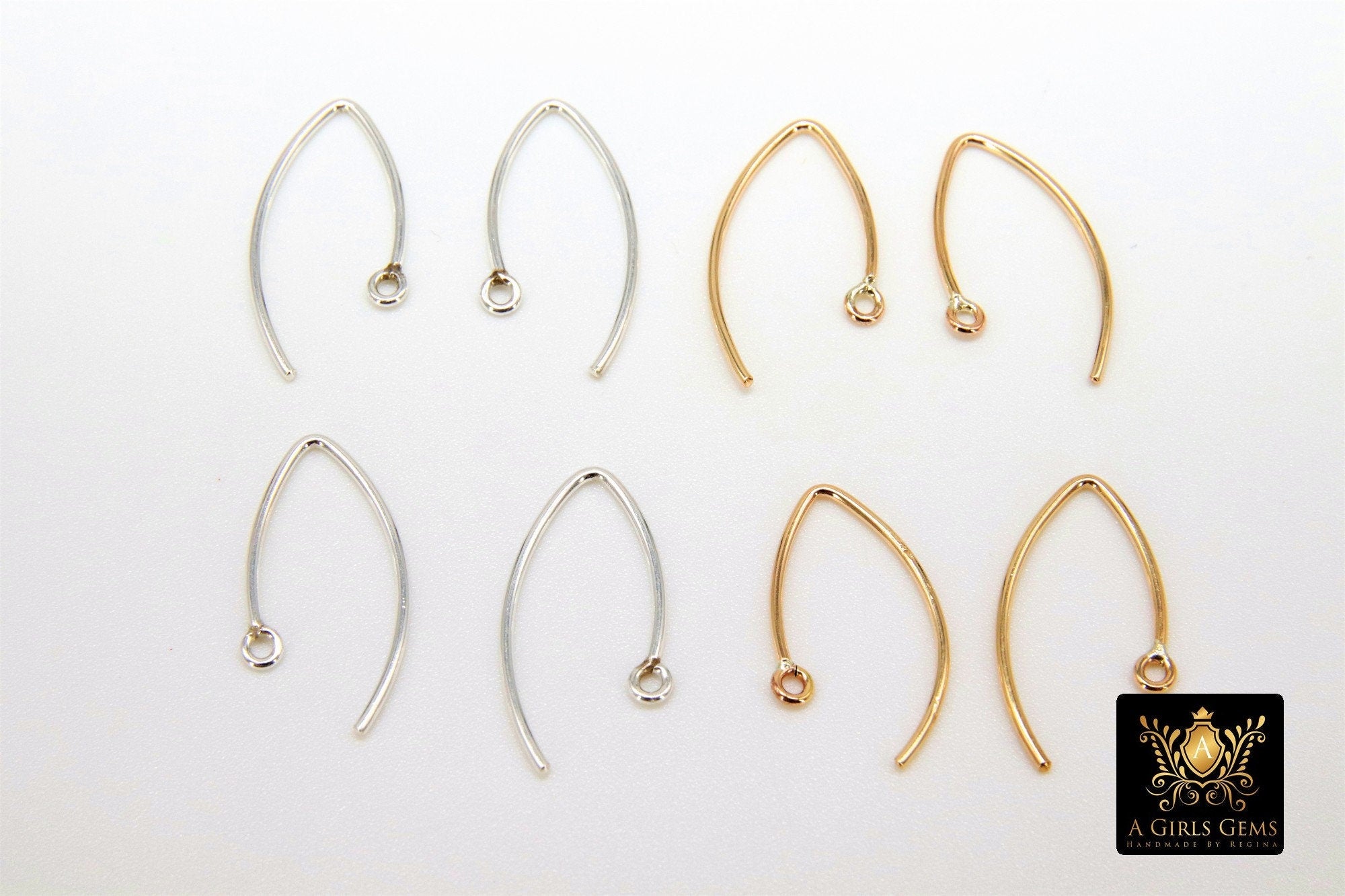 14 K Gold Filled Ear Wire Hooks, 925 Sterling Silver V Wire Earring Findings #2166, 22 mm Long Earring Hooks