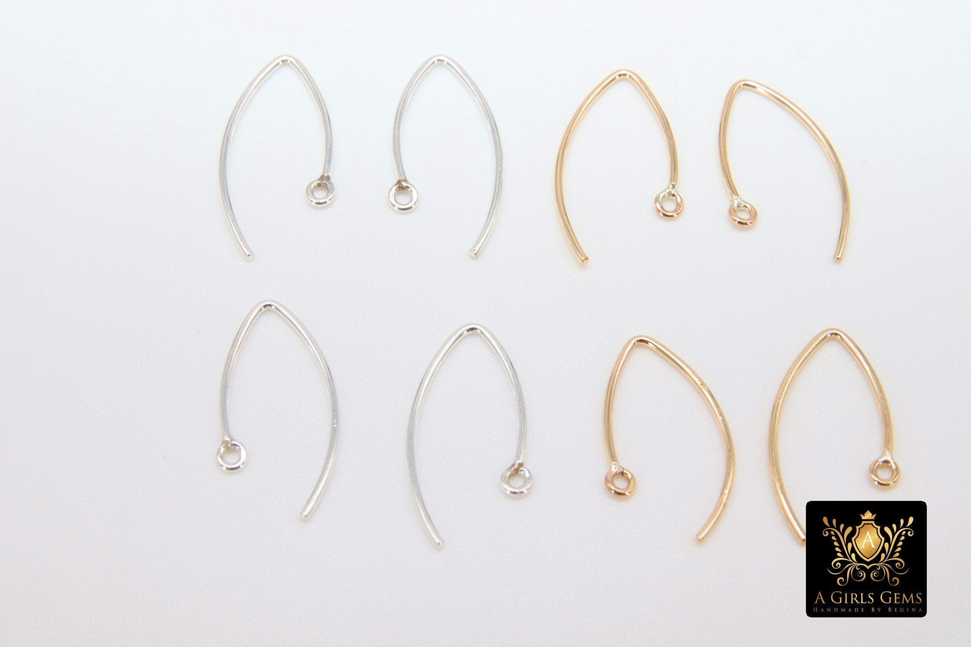 14 K Gold Filled Ear Wire Hooks, 925 Sterling Silver V Wire Earring Findings #2166, 22 mm Long Earring Hooks