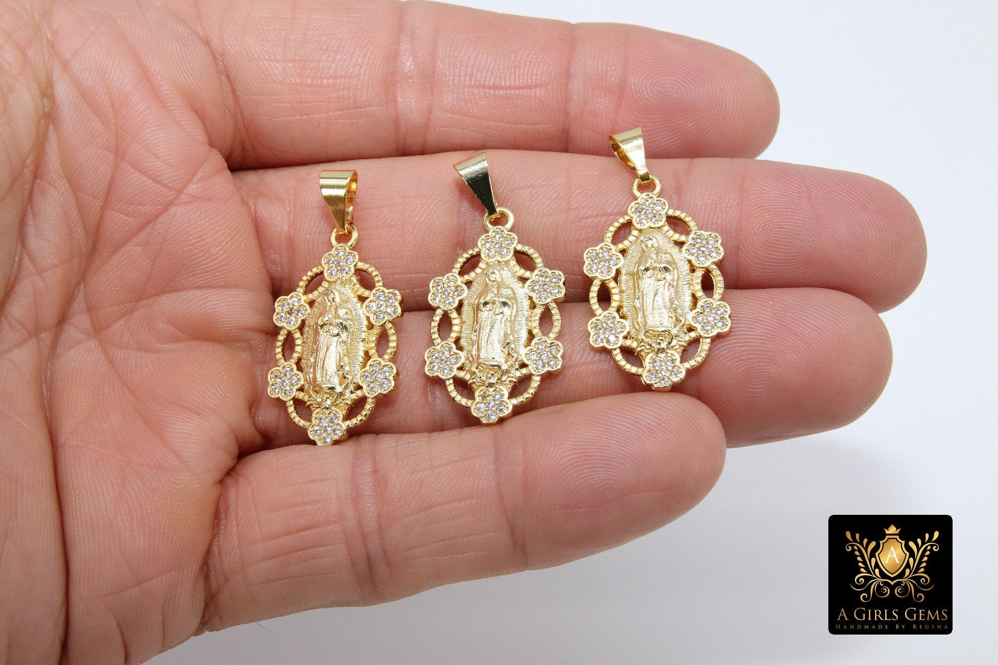 Gold Jesus Virgin Mary Charms, CZ Micro Pave Pendant #920, Gold Madonna Oval
