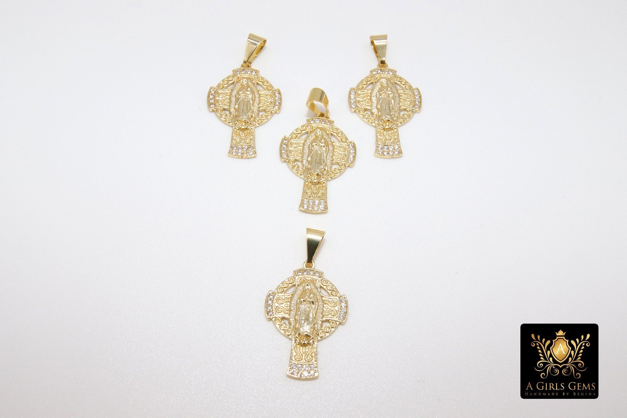 Gold Jesus Virgin Mary Cross Pendants, CZ Pave Cross Charms, Jewelry Crucifix