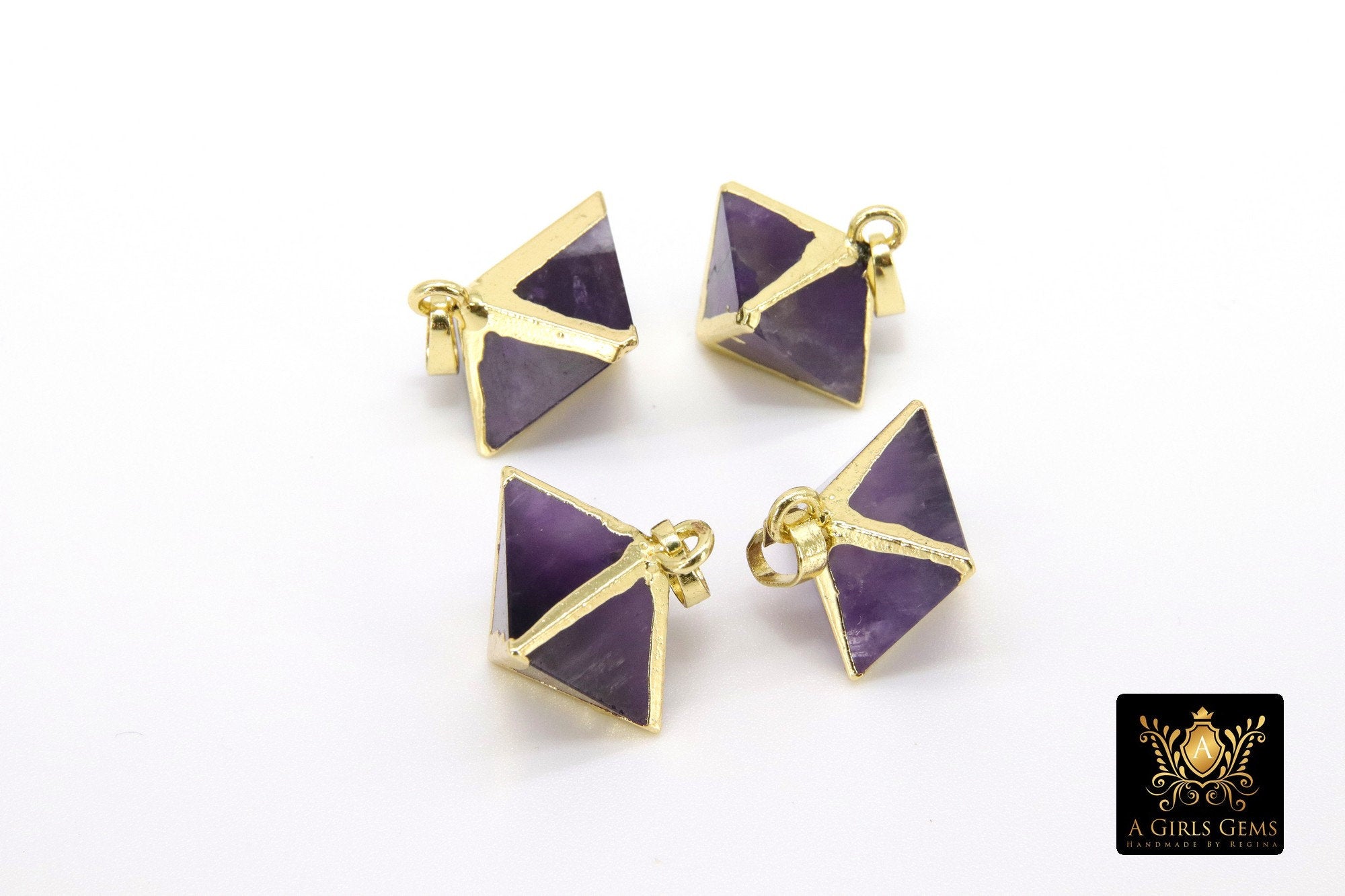 Natural Amethyst Diamond Charms, Gold Hexagon Shape Pendant #2096, Fluorite Quartz Gemstones