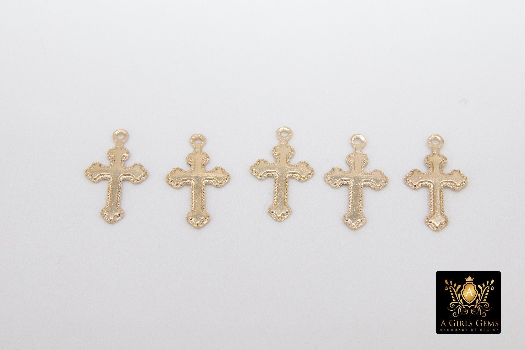 14 K Gold Filled Cross Charms, Pattern Textured Edge #2343, New Orleans Fleur De Leis Cross