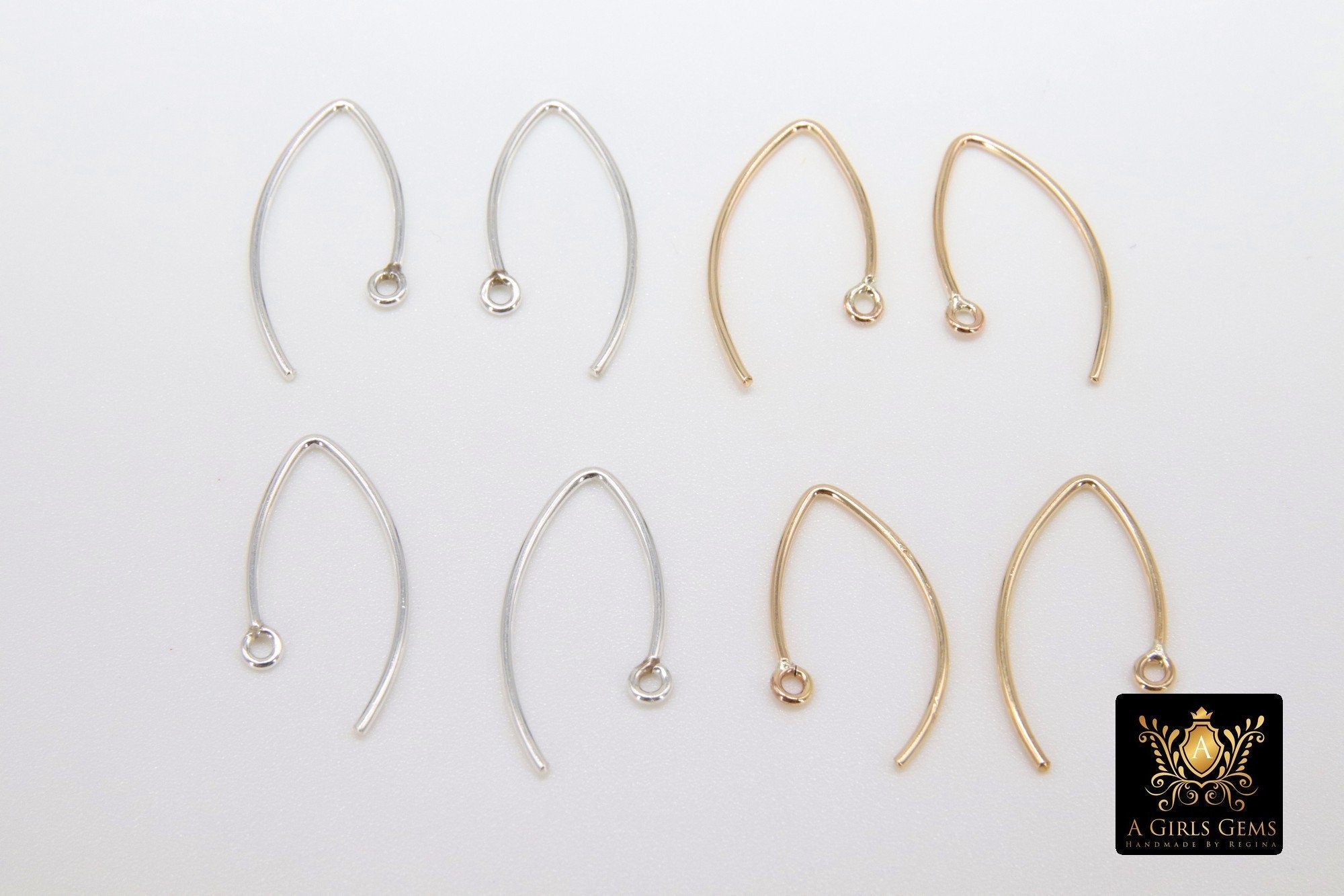 14 K Gold Filled Ear Wire Hooks, 925 Sterling Silver V Wire Earring Findings #2166, 22 mm Long Earring Hooks