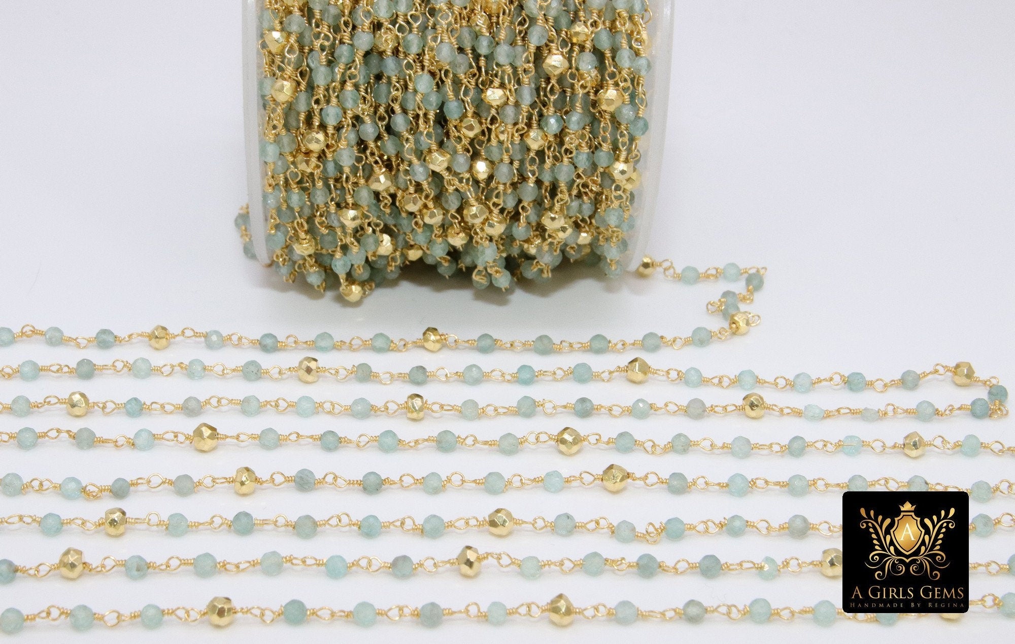Natural Apatite Rosary Chain, 4 mm Gold Faceted Pyrite Beaded, Wire Wrapped Aqua Mint Blue by the Foot
