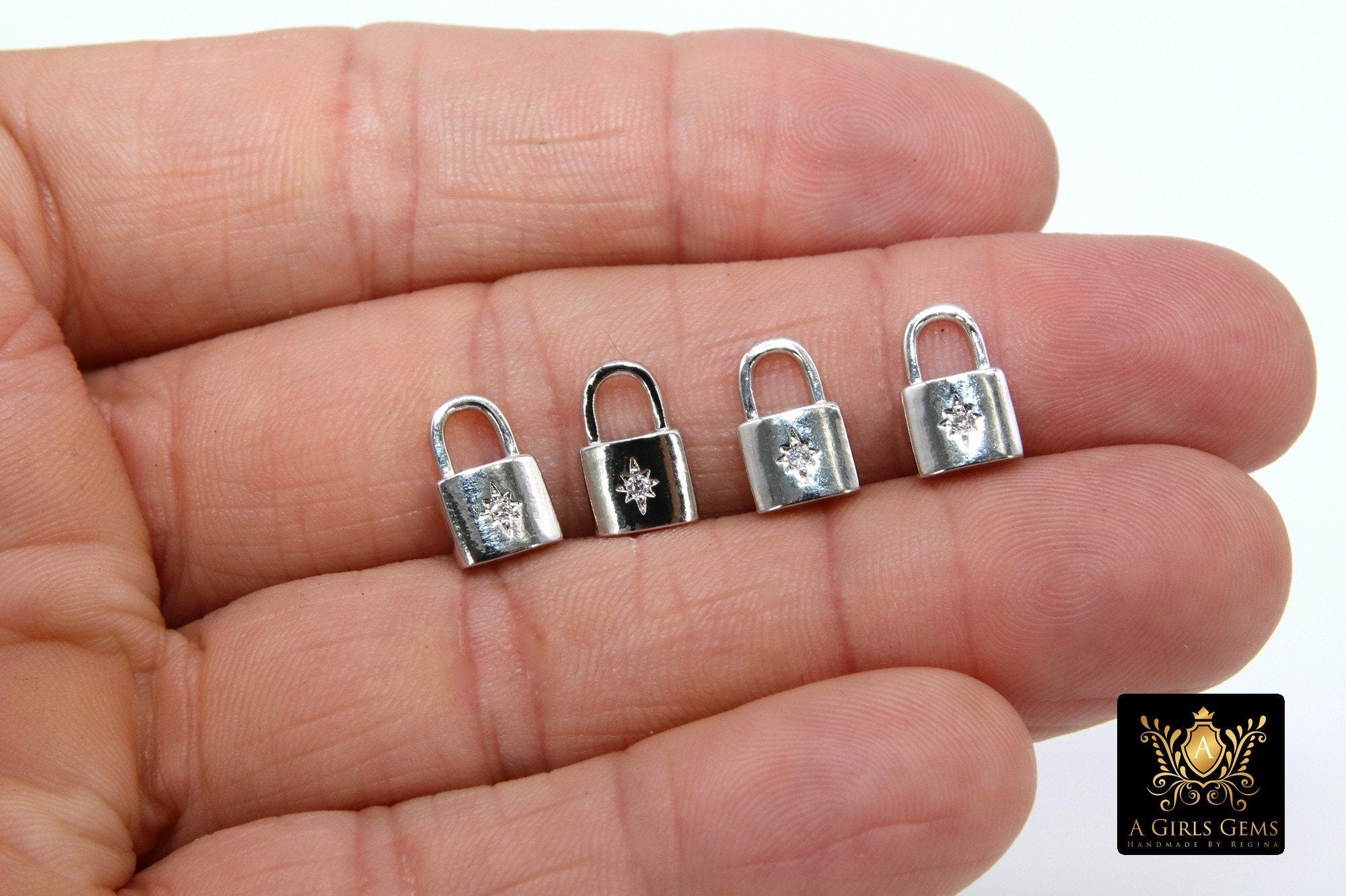 CZ Gold Mini Padlock Charms, Tiny Silver Lock Pendant #721, Necklace and Bracelet Dangles 7 x 12 mm