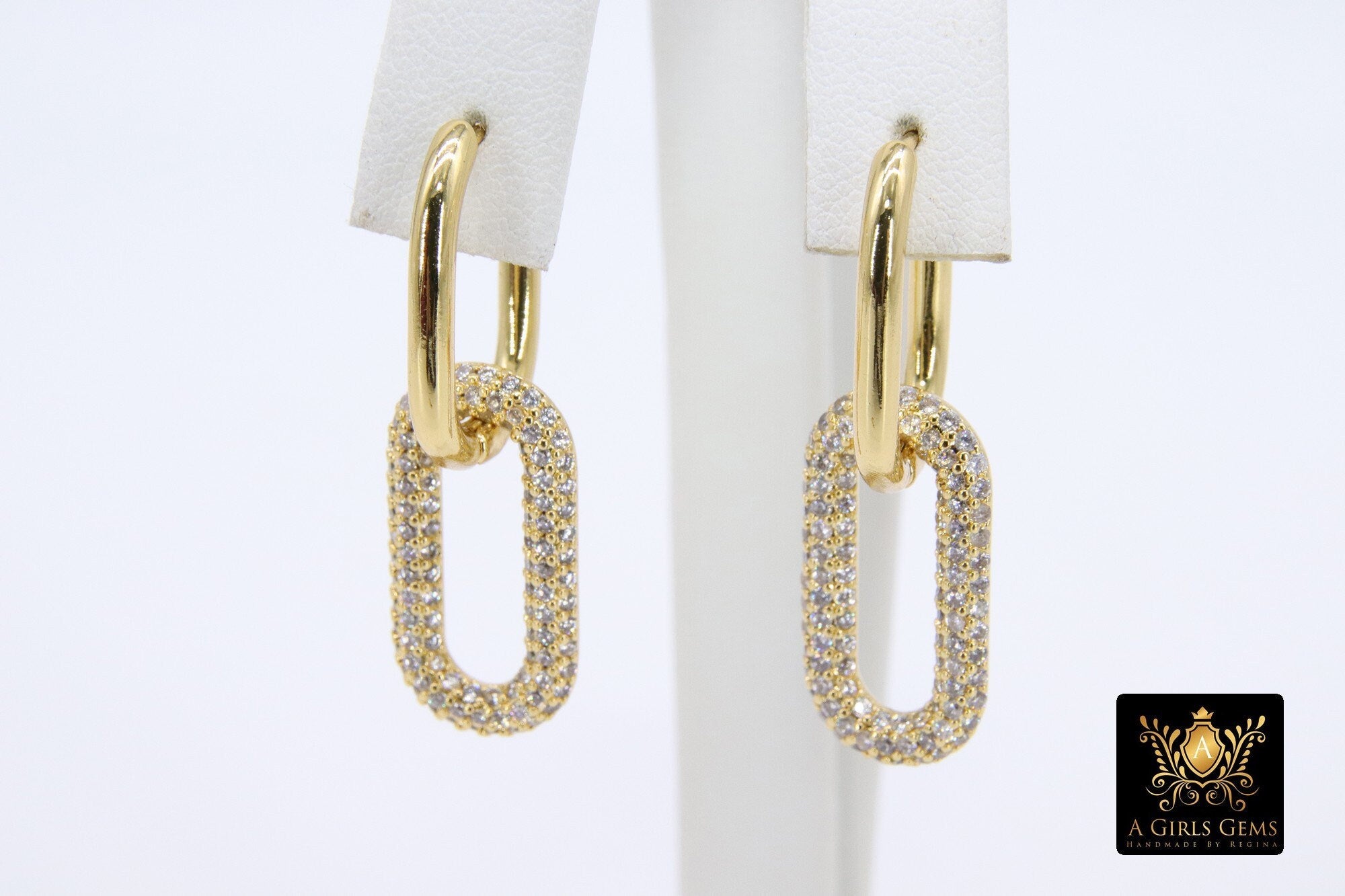 Gold CZ Oval Hoop Ear Rings, 2.50 mm Thick Tube, High Quality Carabiner Hoop Huggie Wire Findings