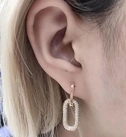 Gold CZ Oval Hoop Ear Rings, 2.50 mm Thick Tube, High Quality Carabiner Hoop Huggie Wire Findings