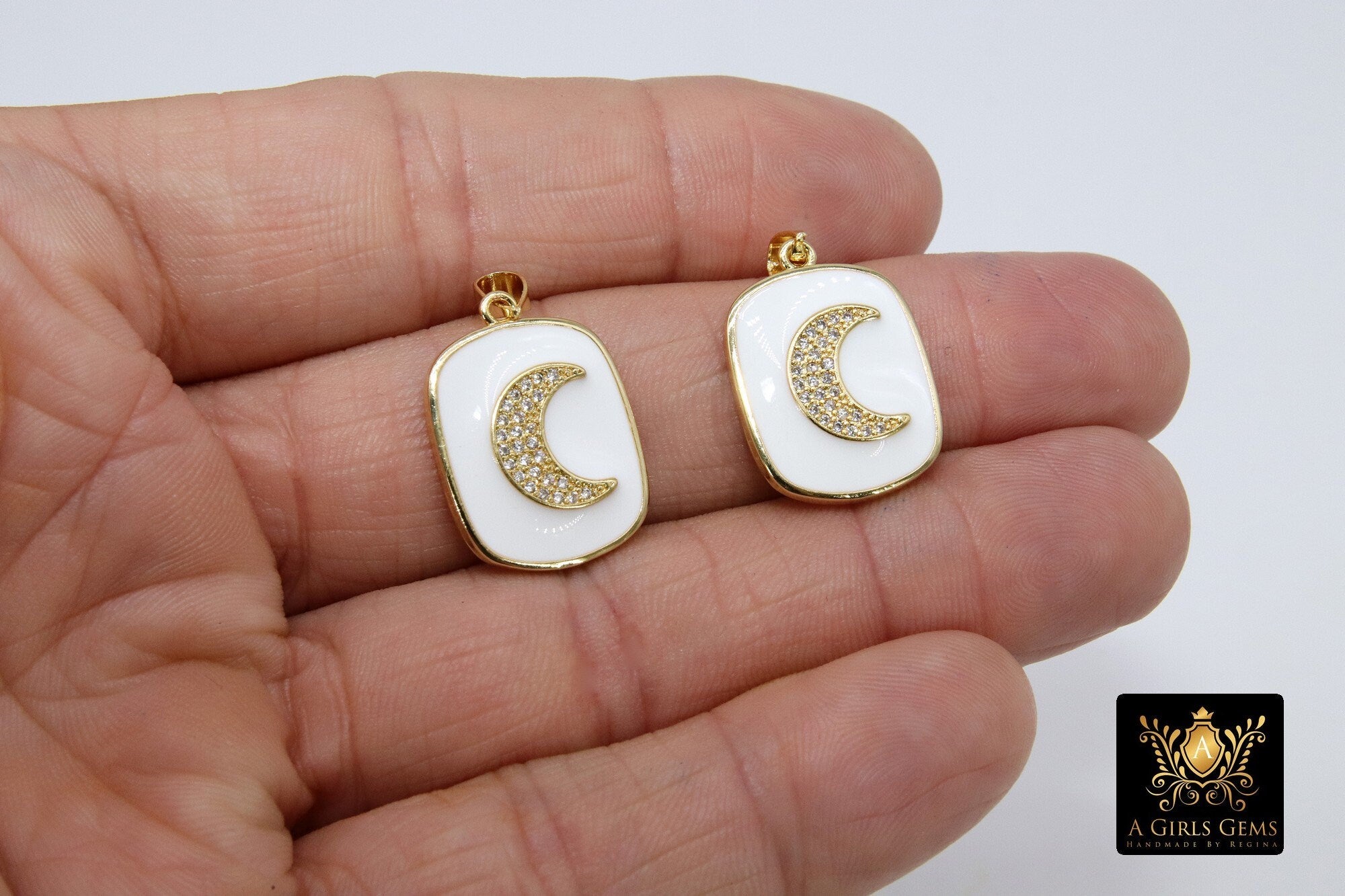 CZ Pave Moon Charm, White and Gold CZ Pave Rectangle Half Moon #2614, for Bracelet or Necklace Jewelry