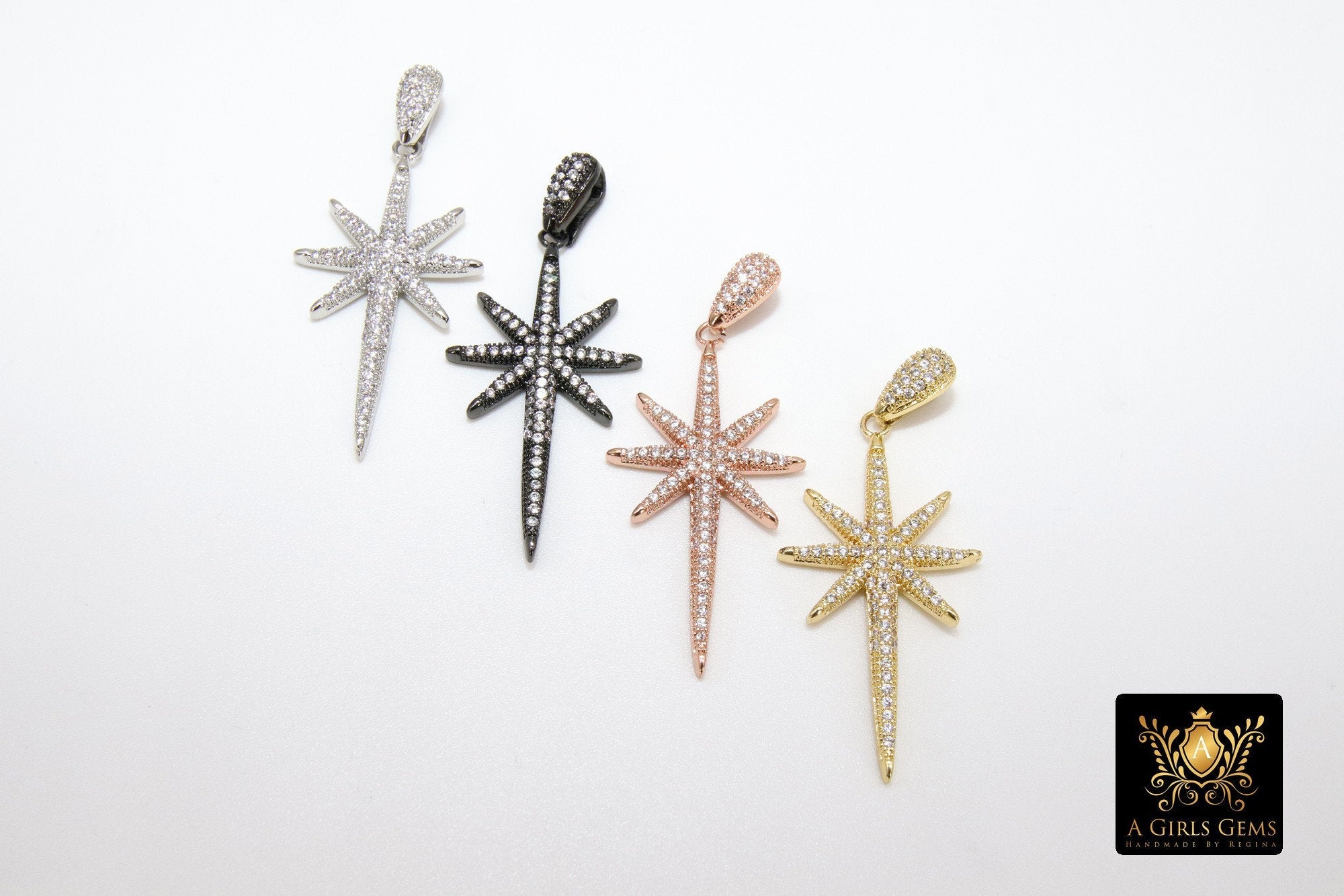 CZ Pave Silver Star Charm, Gold Starburst Cubic Zirconia Pendant #50, Rose Gold North Star for Necklace Jewelry Supplies