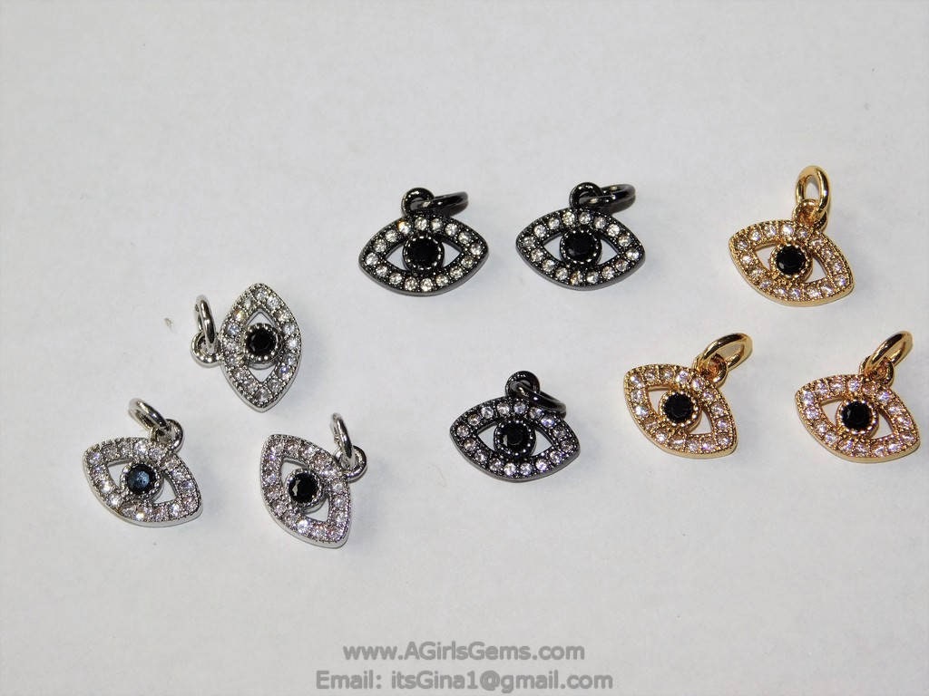 Tiny Evil Eye Charm, CZ Black Pave 9 x 11 mm Evil Eye Charms #97, Silver CZ Spinel Eye