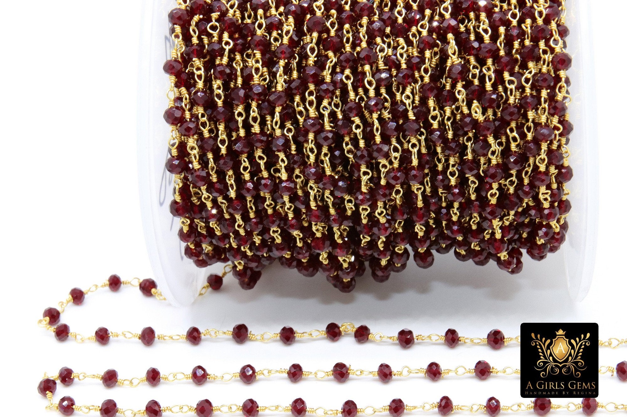 Gold Plated Deep Red Rosary Chain, Ruby Crystal 4 mm Unfinished Chains CH #308, Dark Red Jewelry Findings
