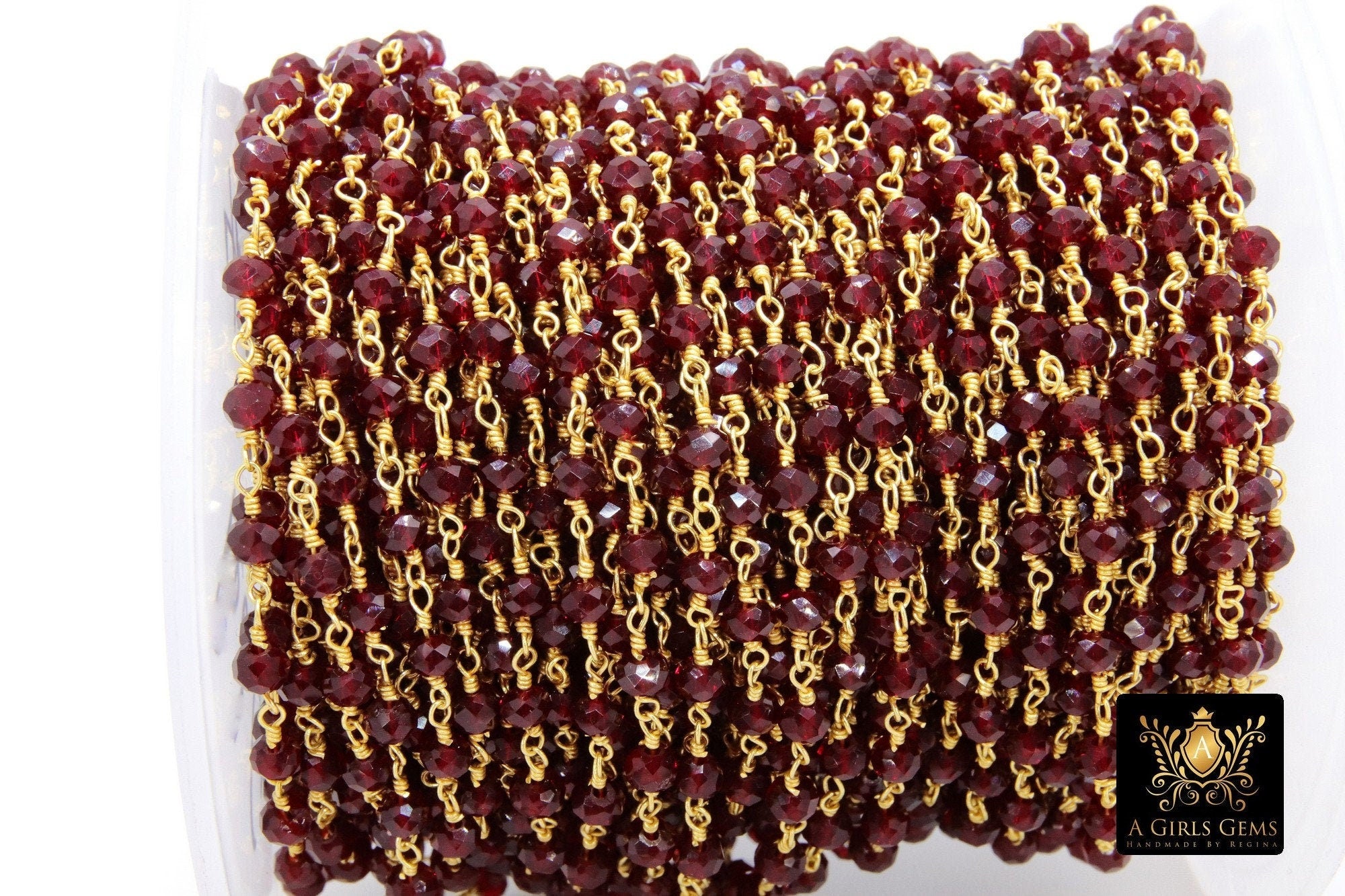 Gold Plated Deep Red Rosary Chain, Ruby Crystal 4 mm Unfinished Chains CH #308, Dark Red Jewelry Findings