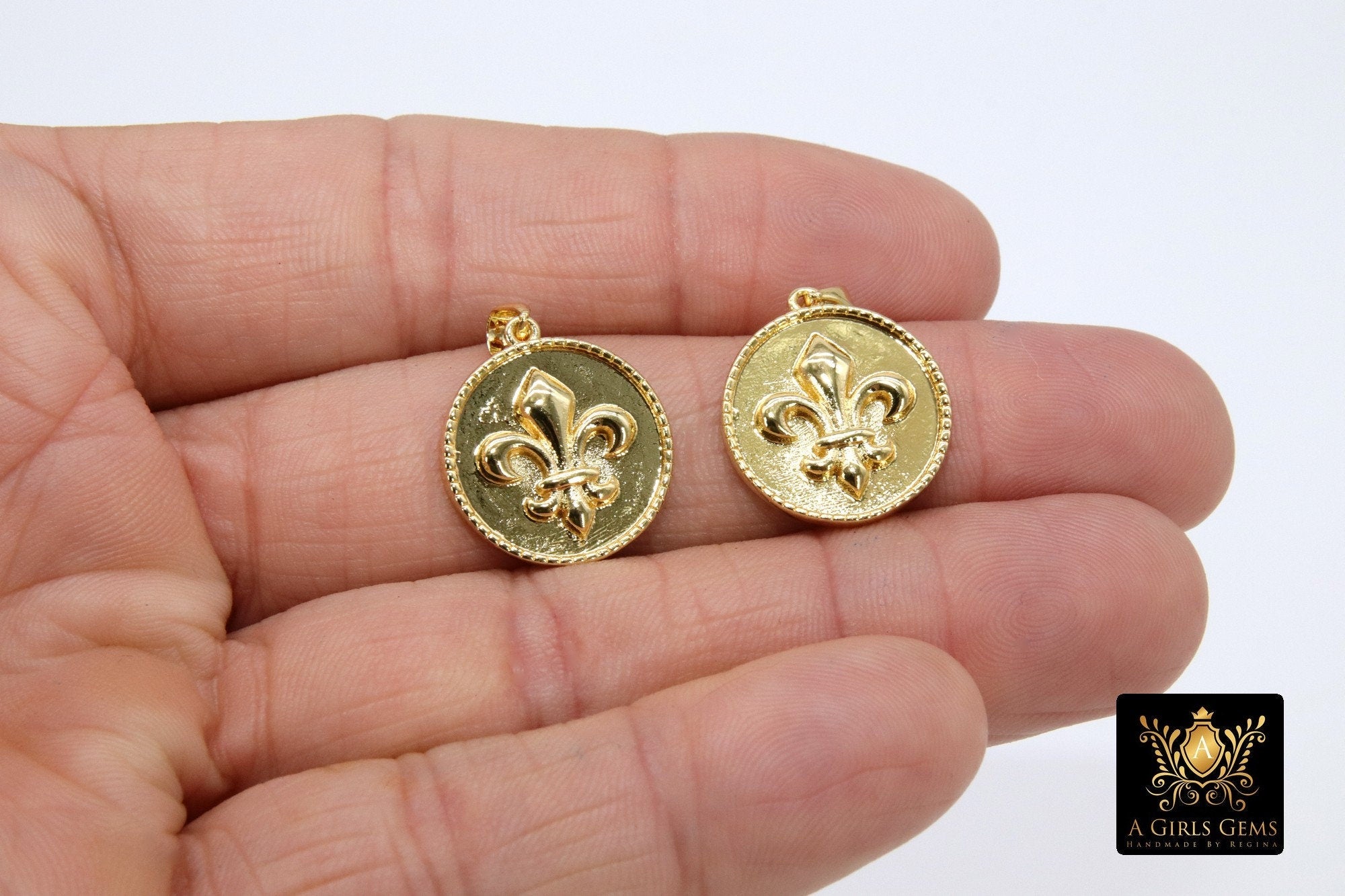 Gold Fleur De Leis Coin Charm, CZ Pave 19 mm Round Disc #2620, New Orleans Louisiana Pendants for Bracelets