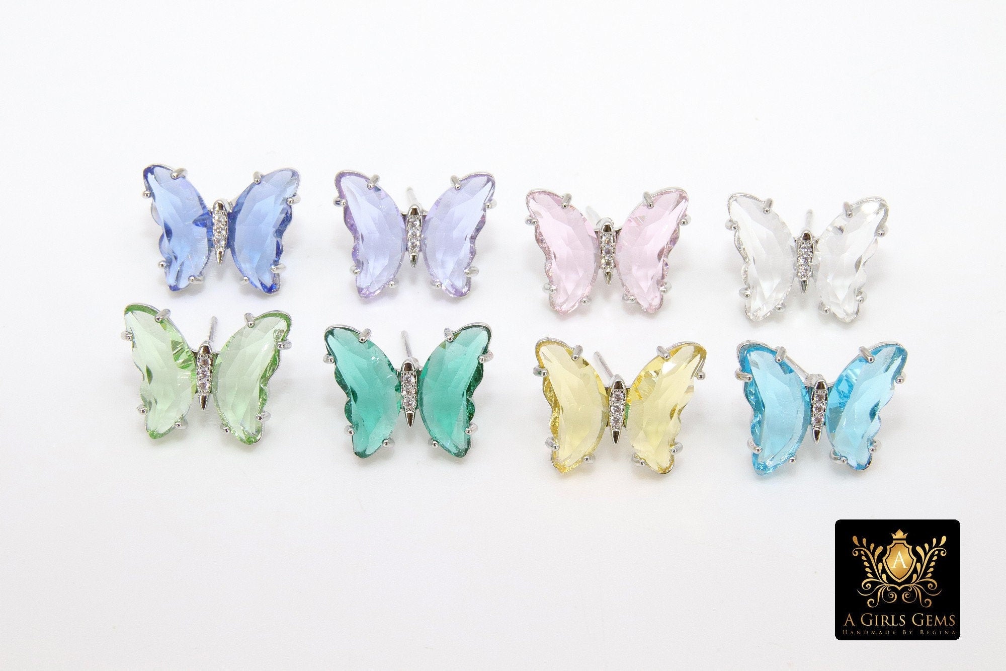 CZ Crystal Butterfly Stud Earrings, 2 Pc Silver Crystal Butterflies #2558, 8 Colors
