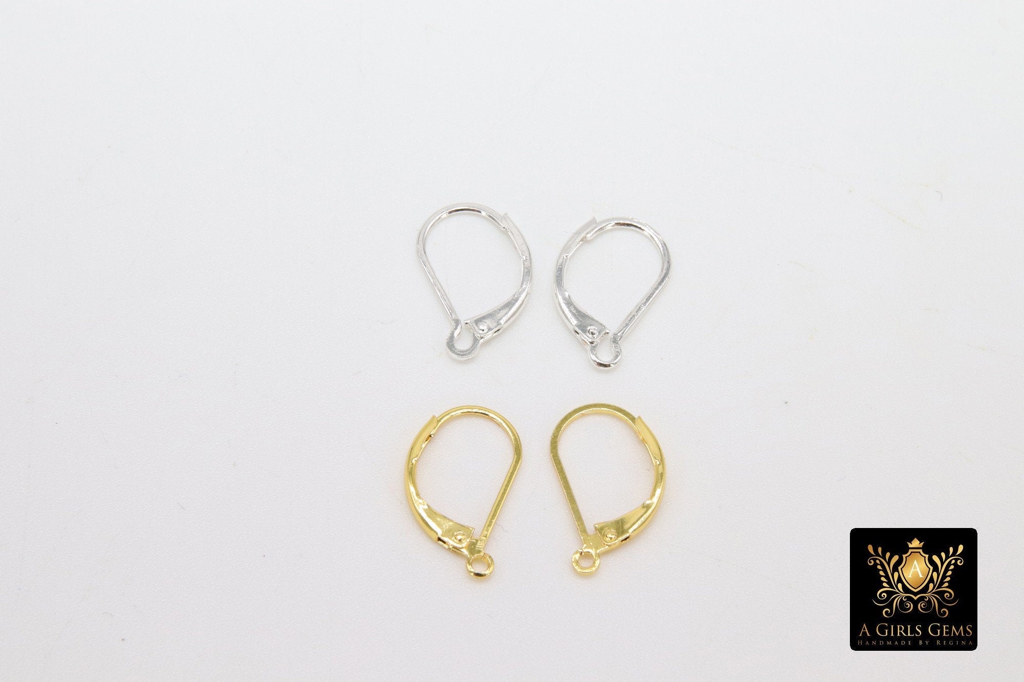 Gold Smooth Lever back Ear Ring Parts, 2 Pc Silver and Gold Huggie Wire Findings #2621, Open Loops 9.5 x 17 mm