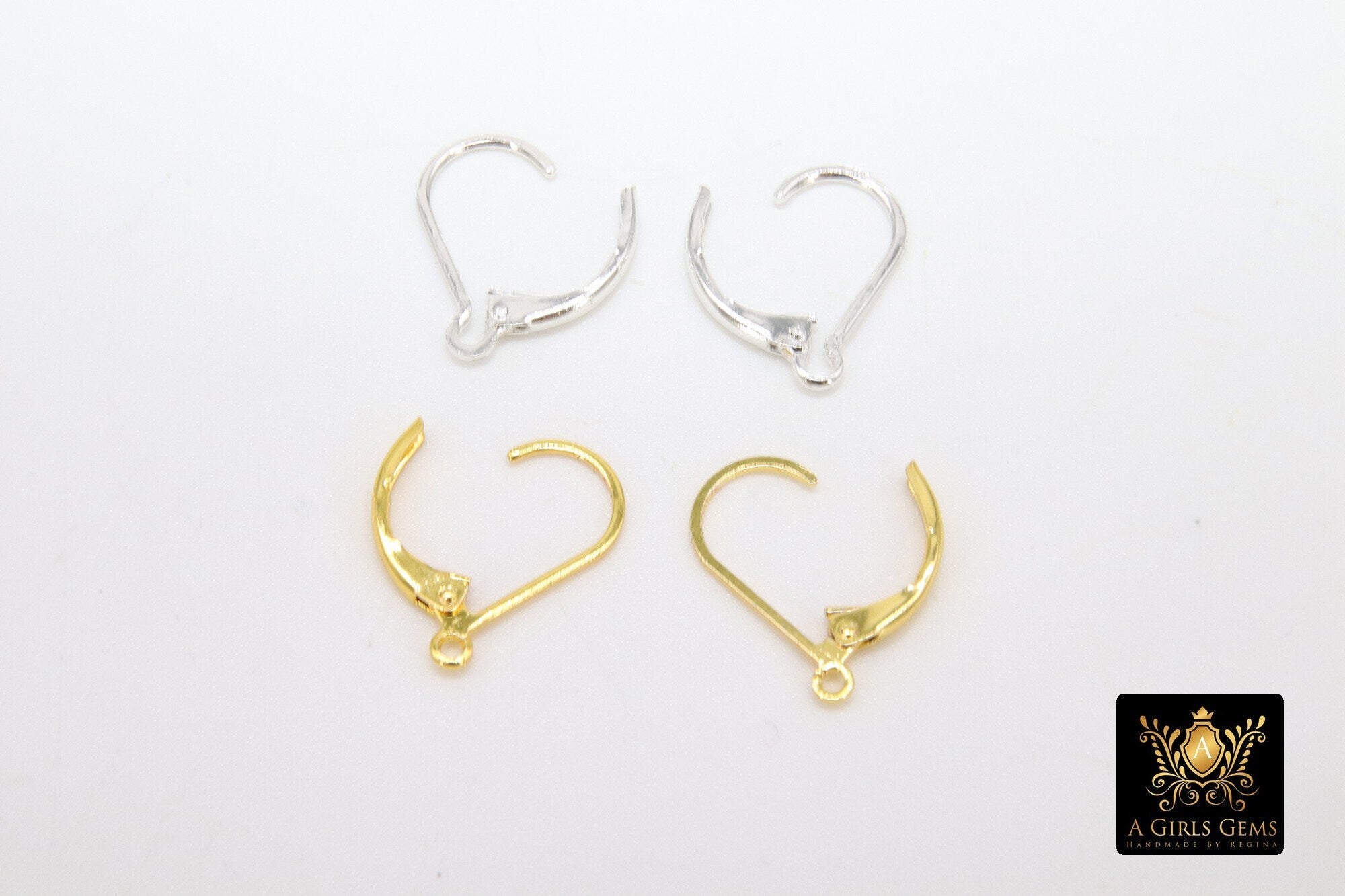 Gold Smooth Lever back Ear Ring Parts, 2 Pc Silver and Gold Huggie Wire Findings #2621, Open Loops 9.5 x 17 mm