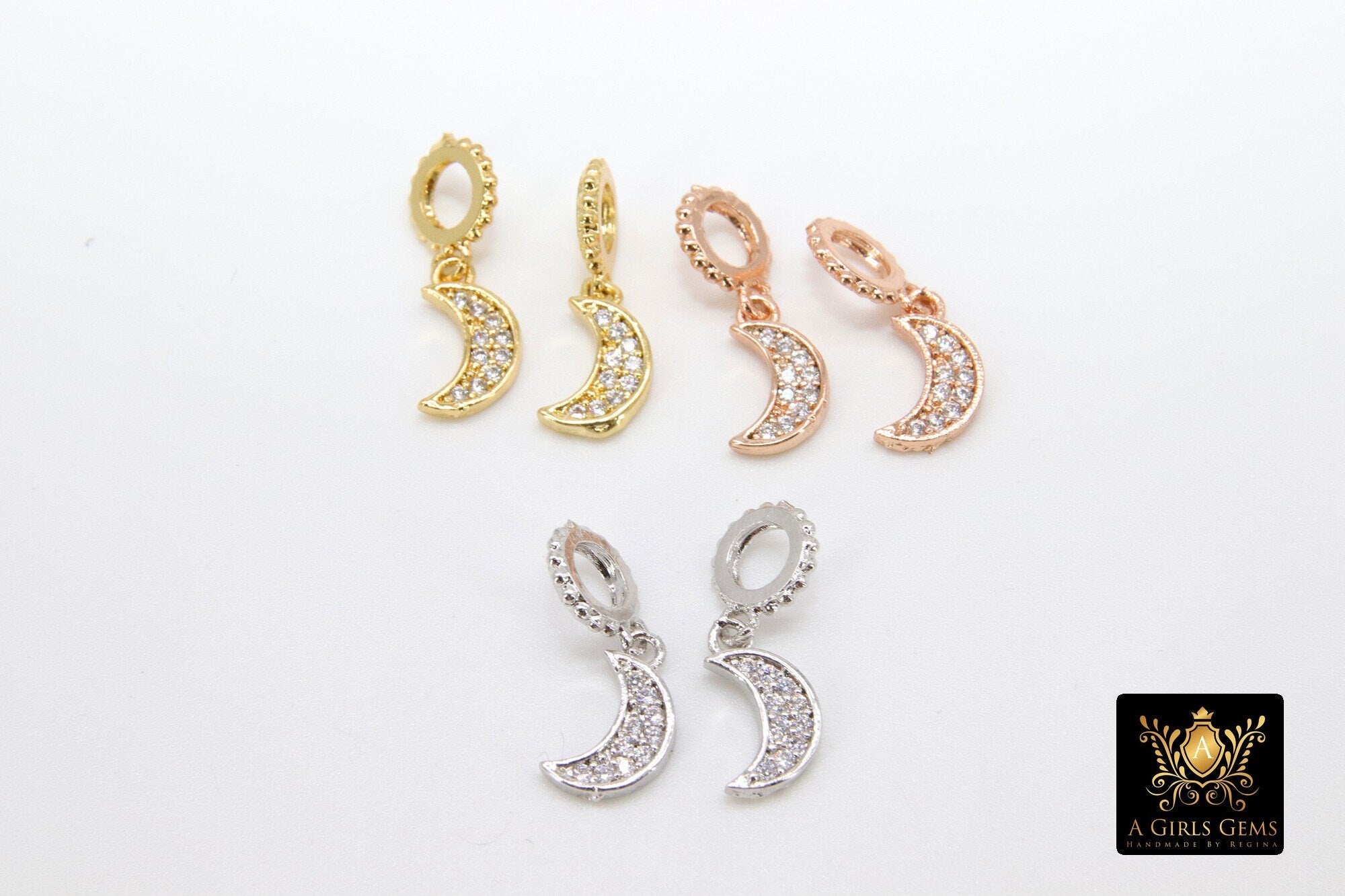 CZ Gold Moon Charm with Rings, 2 Pc Silver Star Slide Spacer Circle Silver #2617, Rose Large Big Hole Dangle