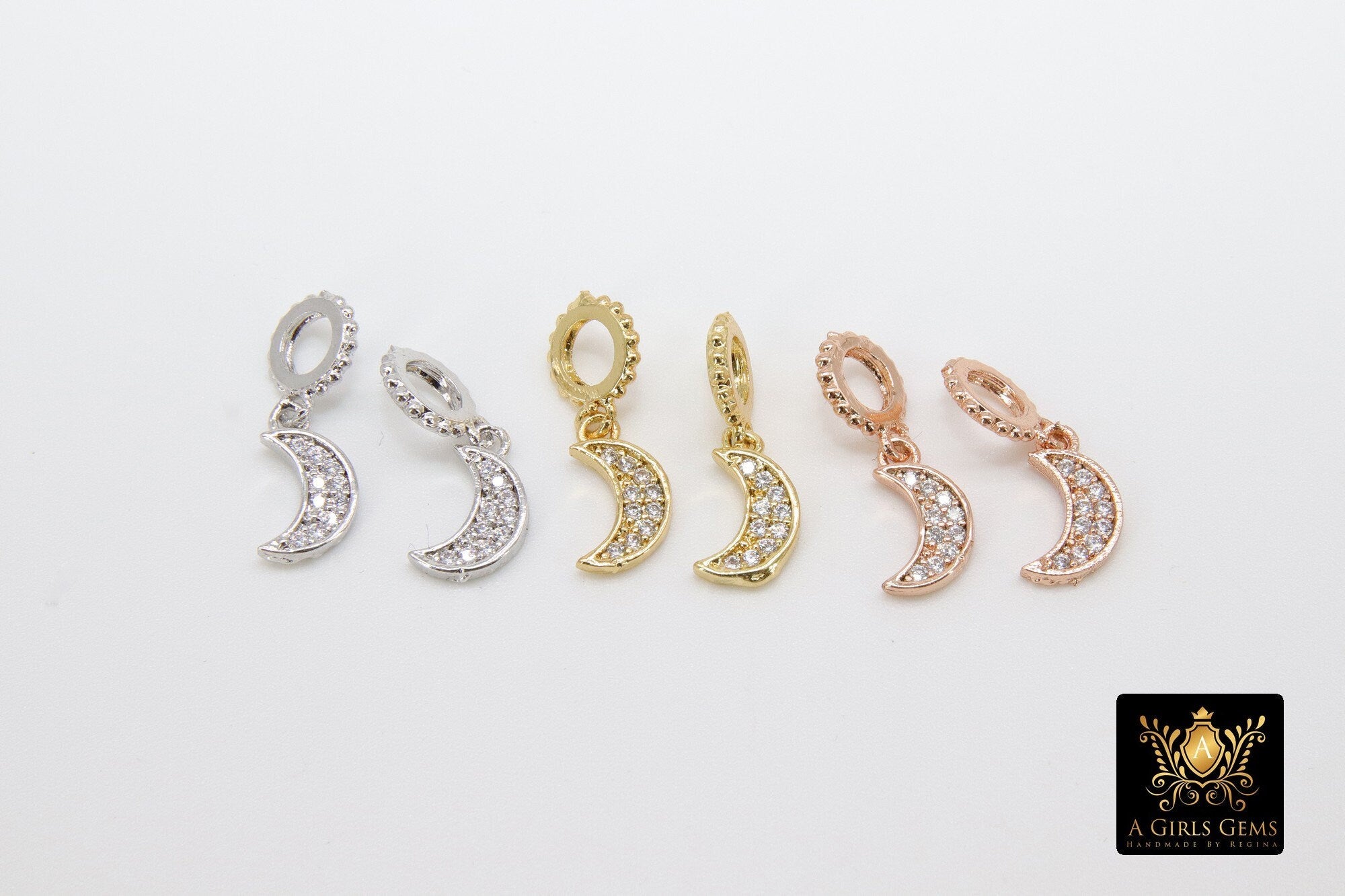 CZ Gold Moon Charm with Rings, 2 Pc Silver Star Slide Spacer Circle Silver #2617, Rose Large Big Hole Dangle