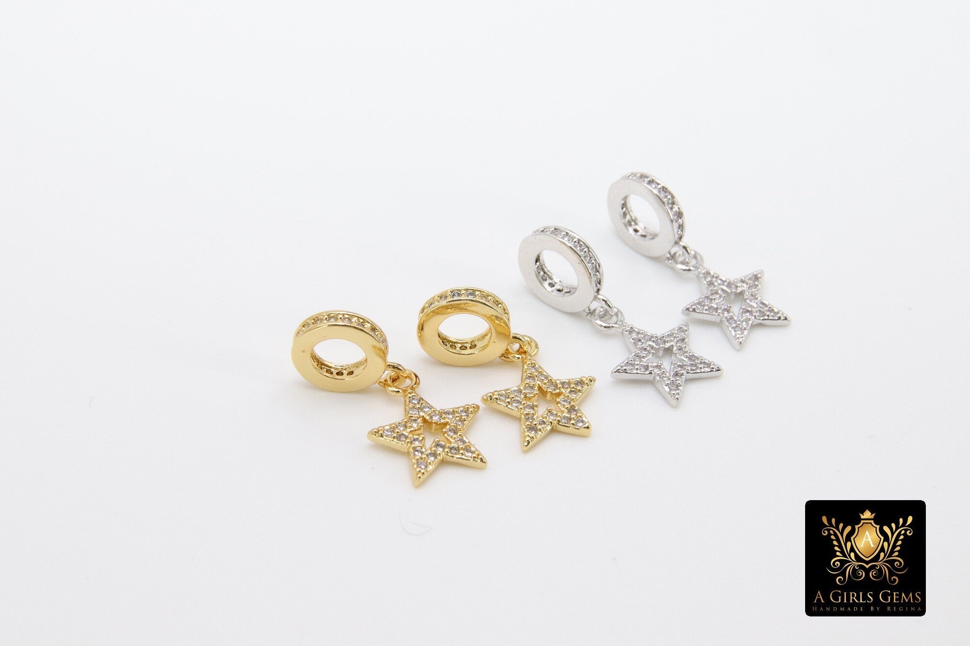 CZ Gold Star Charm with Rings, 2 Pc Silver Star Slide Spacer Circle Silver #2618, Rose Large Big Hole Dangle