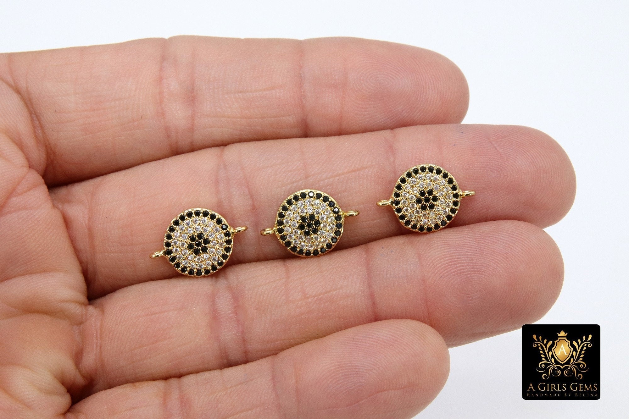 Tiny Evil Eye Connectors, CZ Micro Pave Gold Round Disc Charms #81, Clear and Black Pave Lucky Eye Charm