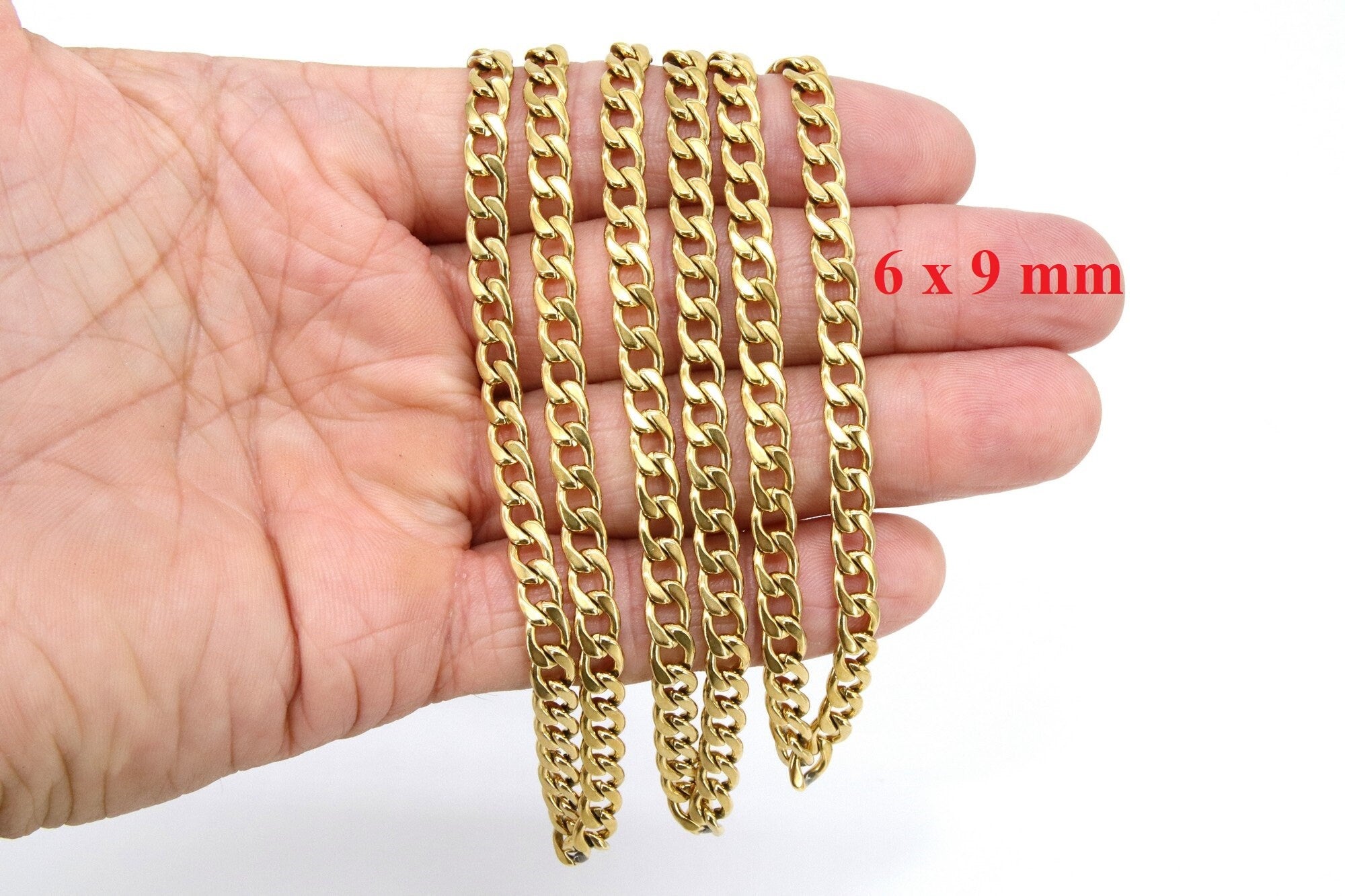 Gold Cuban Curb Chain, 304 Stainless Steel 9 mm Heavy Flat Miami Diamond Cut Oval Jewelry Chains CH #217, By the Yard