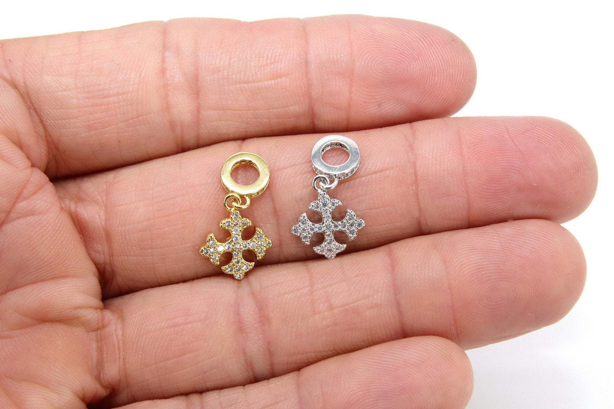 CZ Gold Cross Charm with Rings, Silver Maltese Cross Big Hole Spacer Circle #574, Large Hole Dangle