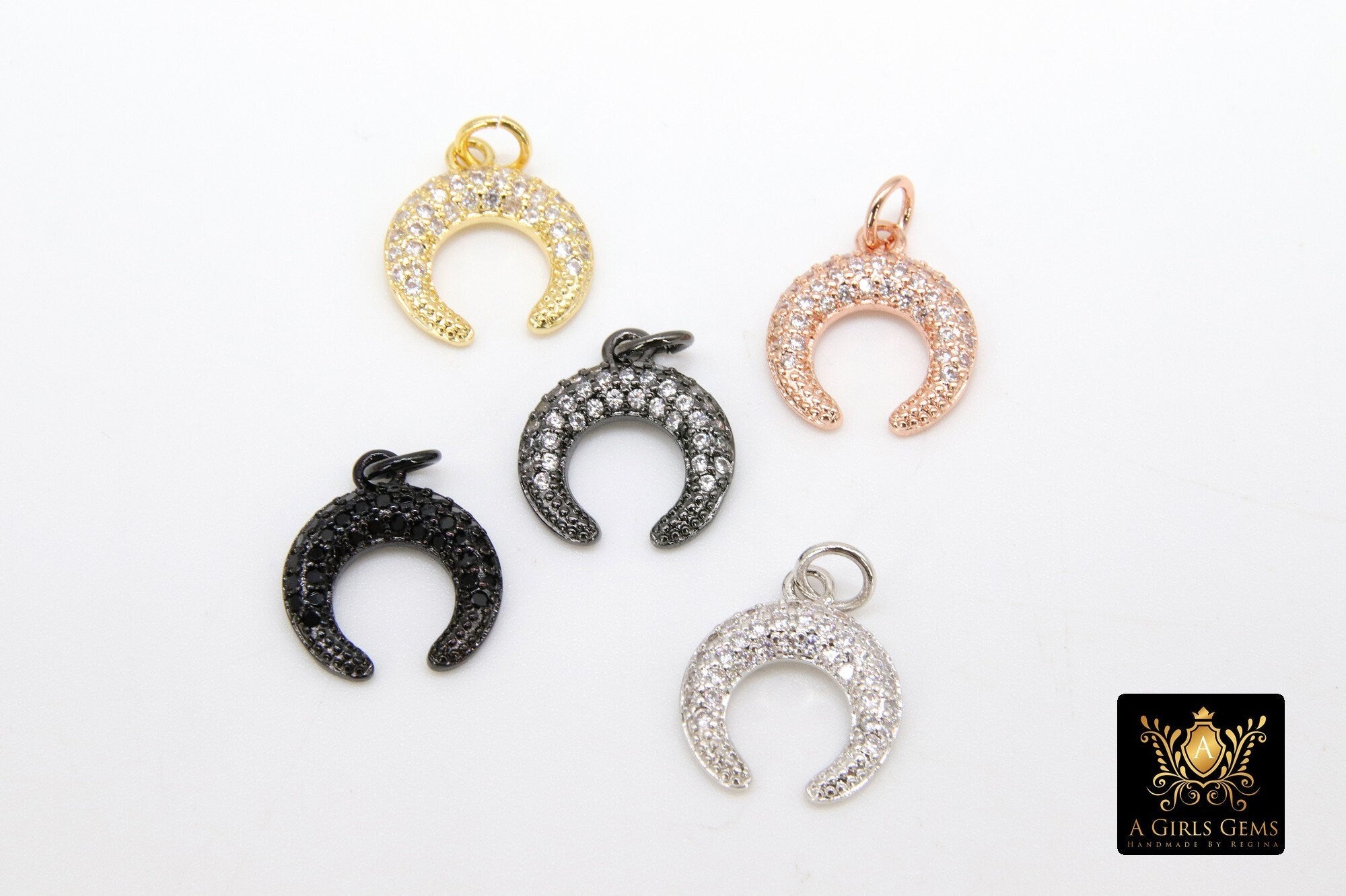 Tiny Crescent Moon Charms, CZ Micro Pave Small Double Horn #2549, Cz Charm 12 mm Cubic Zirconia Moon Horn Pendant