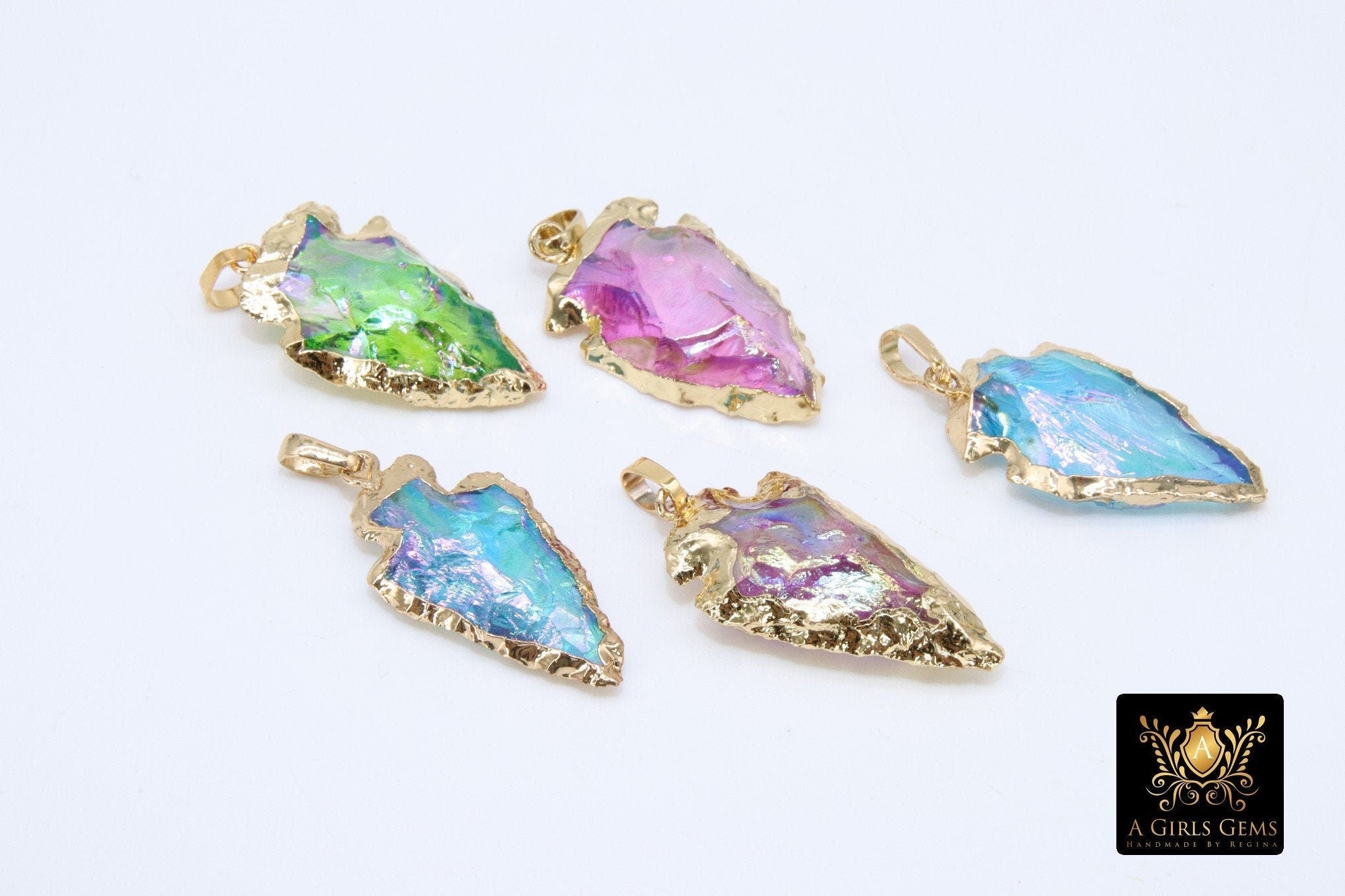 Arrowhead Charm Pendants, Small Gold and Titanium AB Crystal Quartz Arrow Tribal Pendants #2602, Blue Green or Pink
