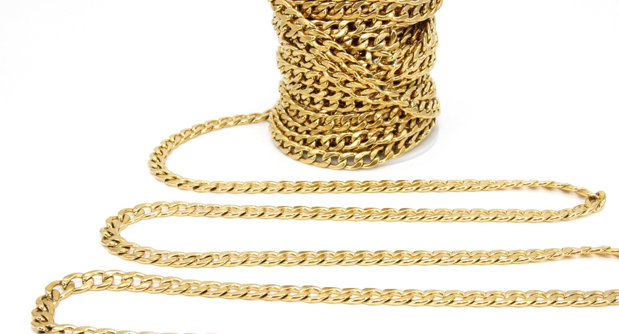 Gold Cuban Curb Chain, 304 Stainless Steel 9 mm Heavy Flat Miami Diamond Cut Oval Jewelry Chains CH #217, By the Yard