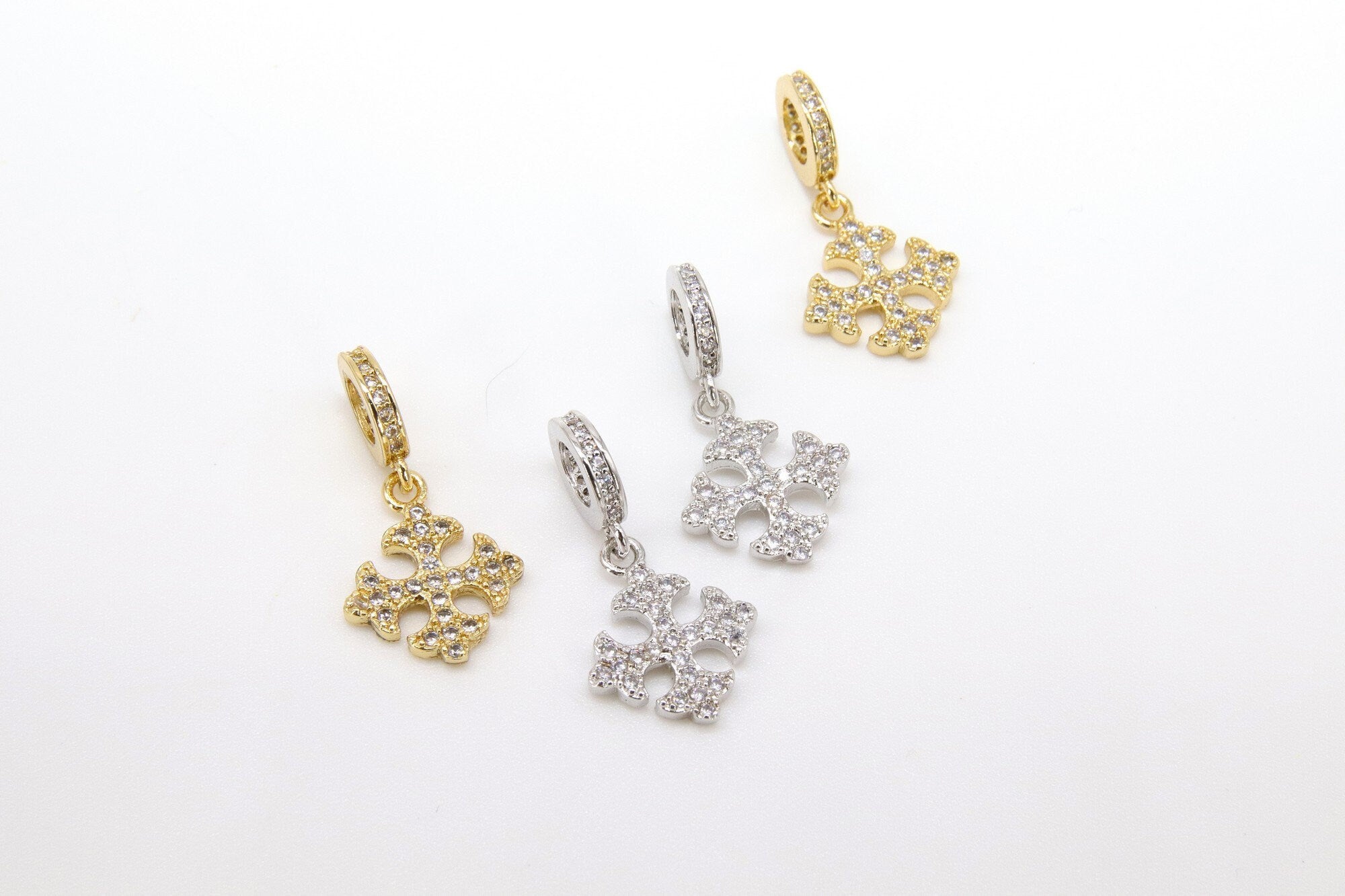 CZ Gold Cross Charm with Rings, Silver Maltese Cross Big Hole Spacer Circle #574, Large Hole Dangle