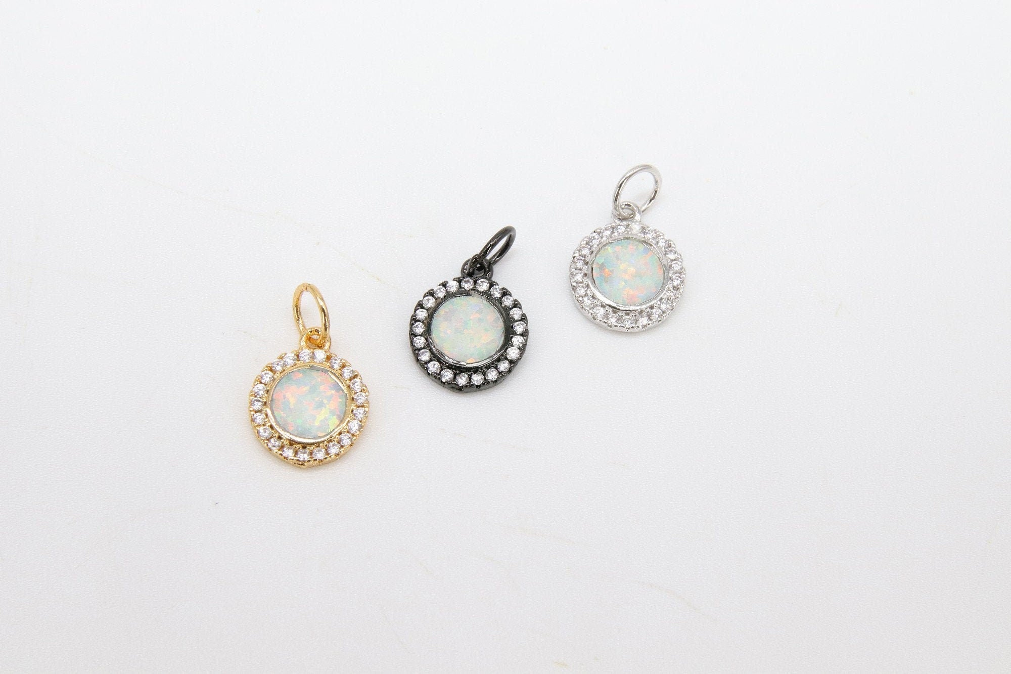 Tiny Gold Opal Round Charms, CZ Micro Pave 10 mm Silver Circle Charms #390, White Opal Black Charm