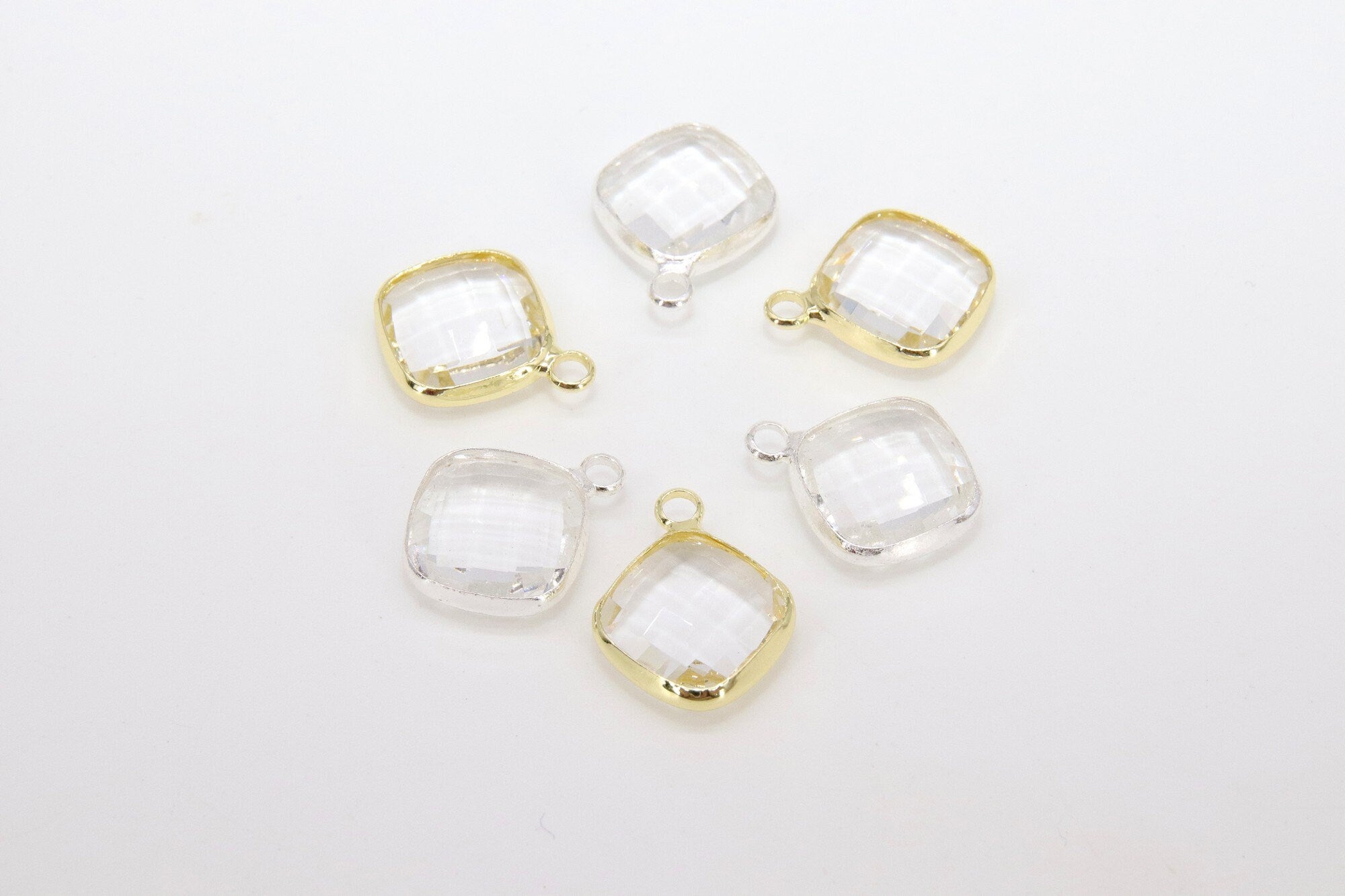 Gold Diamond Shaped Charms, 2 Pcs Silver Diamond Bezel Clear Drop Crystal Charms #651, 14 x 17 mm Huggie Earring Charms