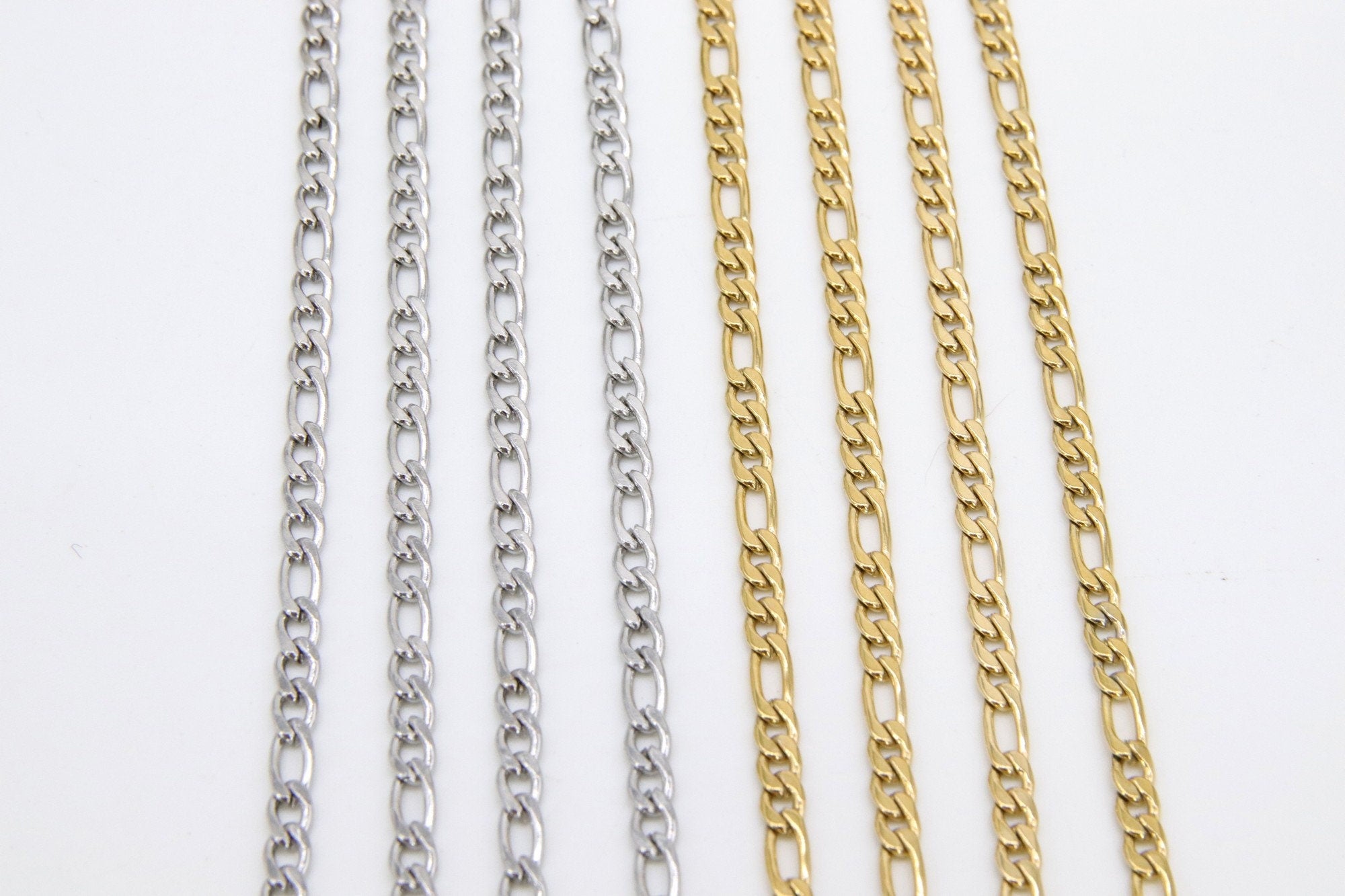 Stainless Steel Gold Figaro Faceted Chain, Silver Steel Chains CH #261, Unfinished 7 x 3 and 4 x 3 mm Links
