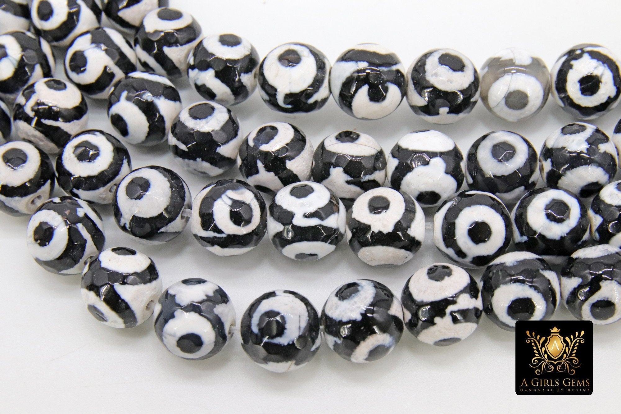 Tibetan Natural Faceted Agate Beads, DZI Agate in Black and White Dot Color Beads BS #10, sizes 10 mm 15 inch FULL Strands