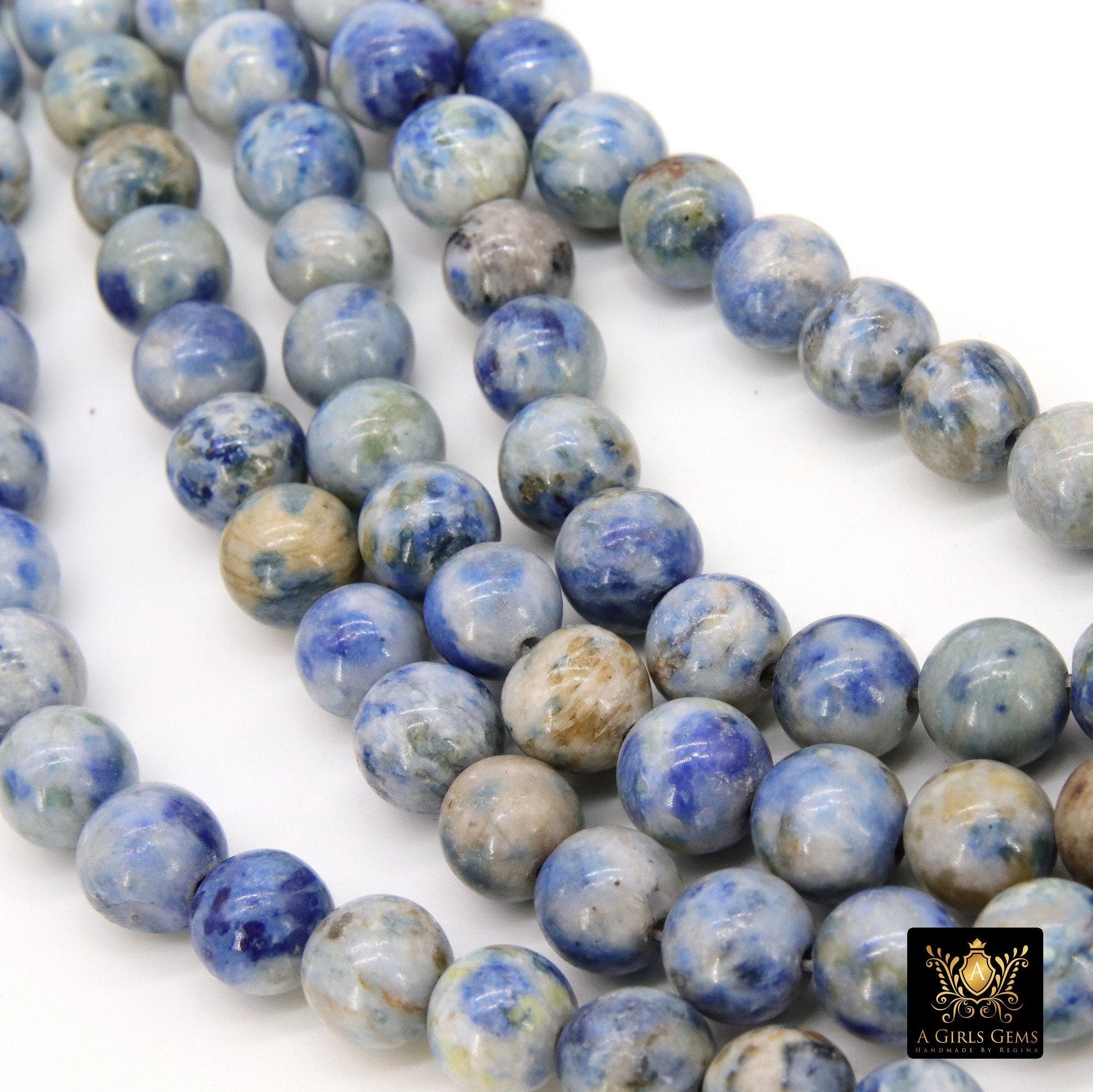 Natural Crazy Lace Blue Agate Beads, Smooth Round Beige and White Blended Beads BS #11, sizes in 8 mm 15 inch Strands