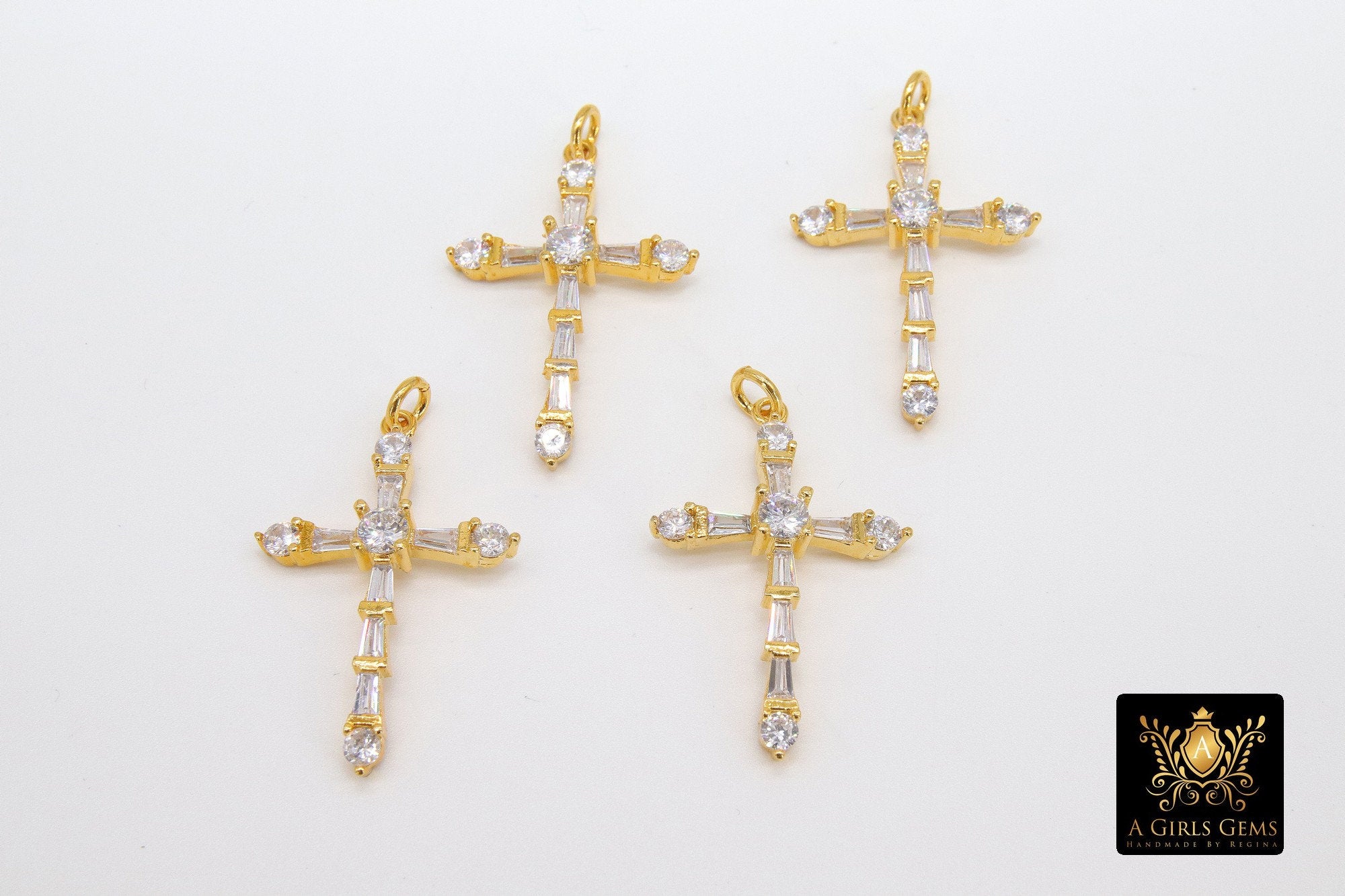 Gold Cubic Zirconia Cross, CZ Pave Cross for Necklaces #513, Crucifix 21 x 32 mm Rosary Jewelry