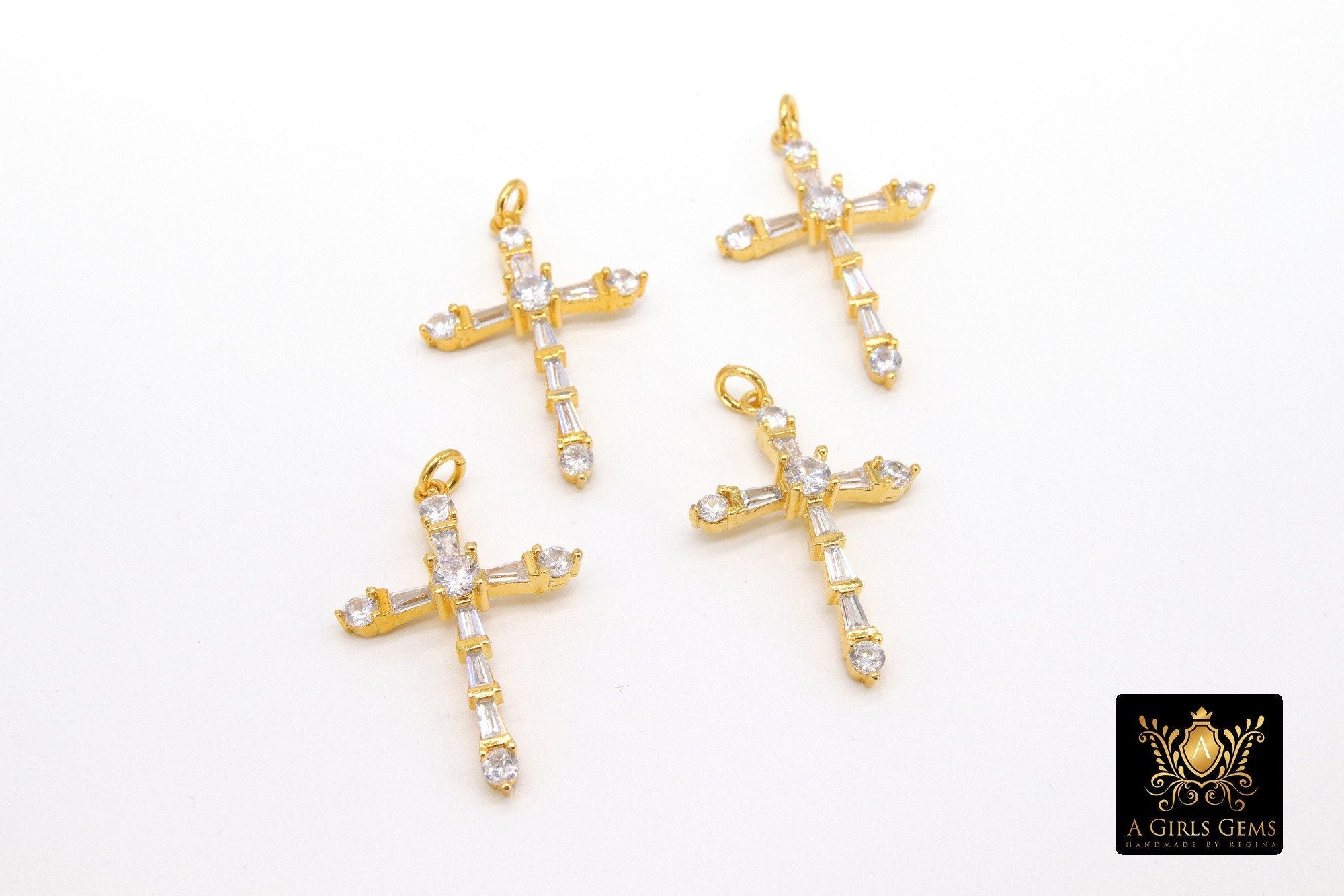 Gold Cubic Zirconia Cross, CZ Pave Cross for Necklaces #513, Crucifix 21 x 32 mm Rosary Jewelry