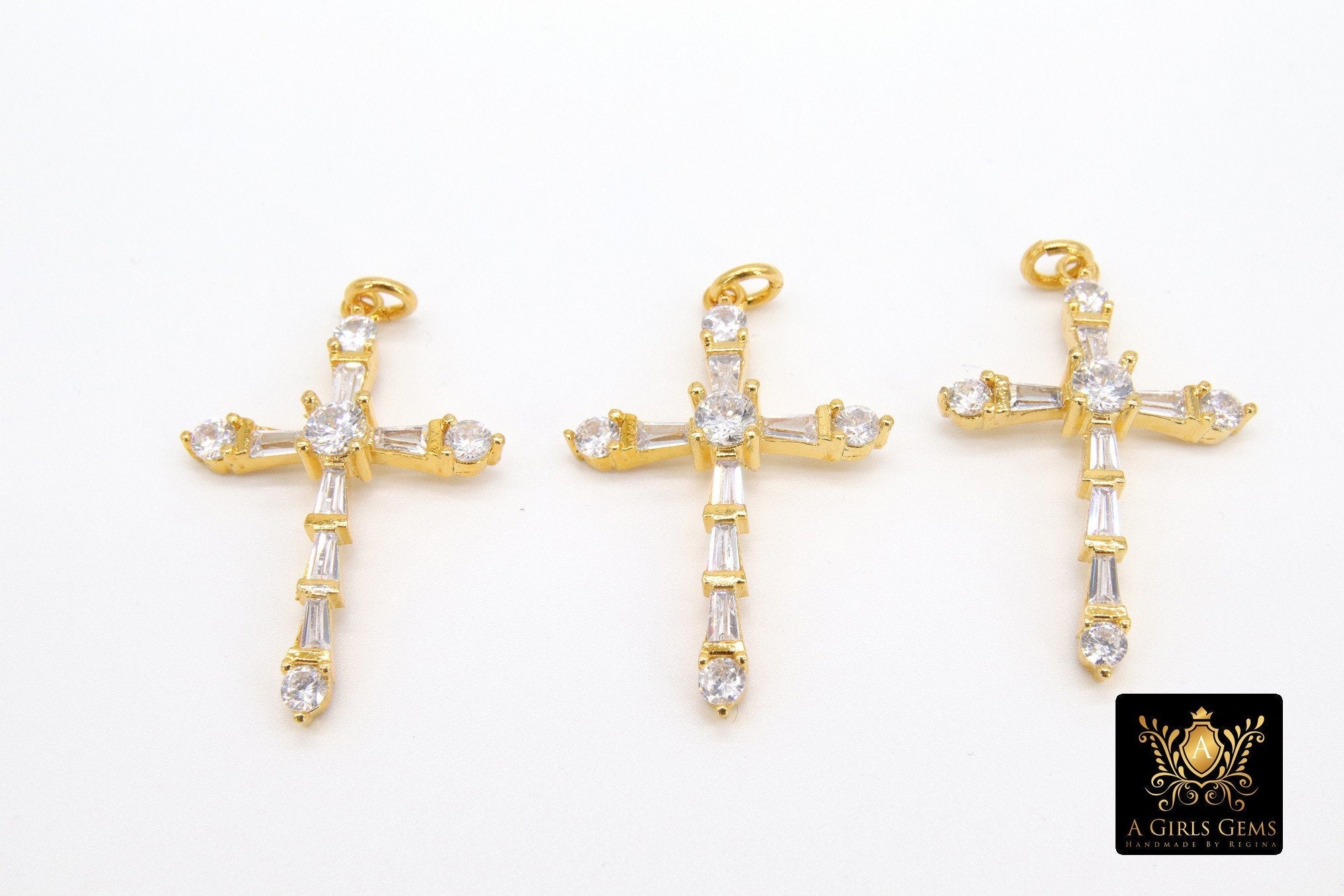 Gold Cubic Zirconia Cross, CZ Pave Cross for Necklaces #513, Crucifix 21 x 32 mm Rosary Jewelry